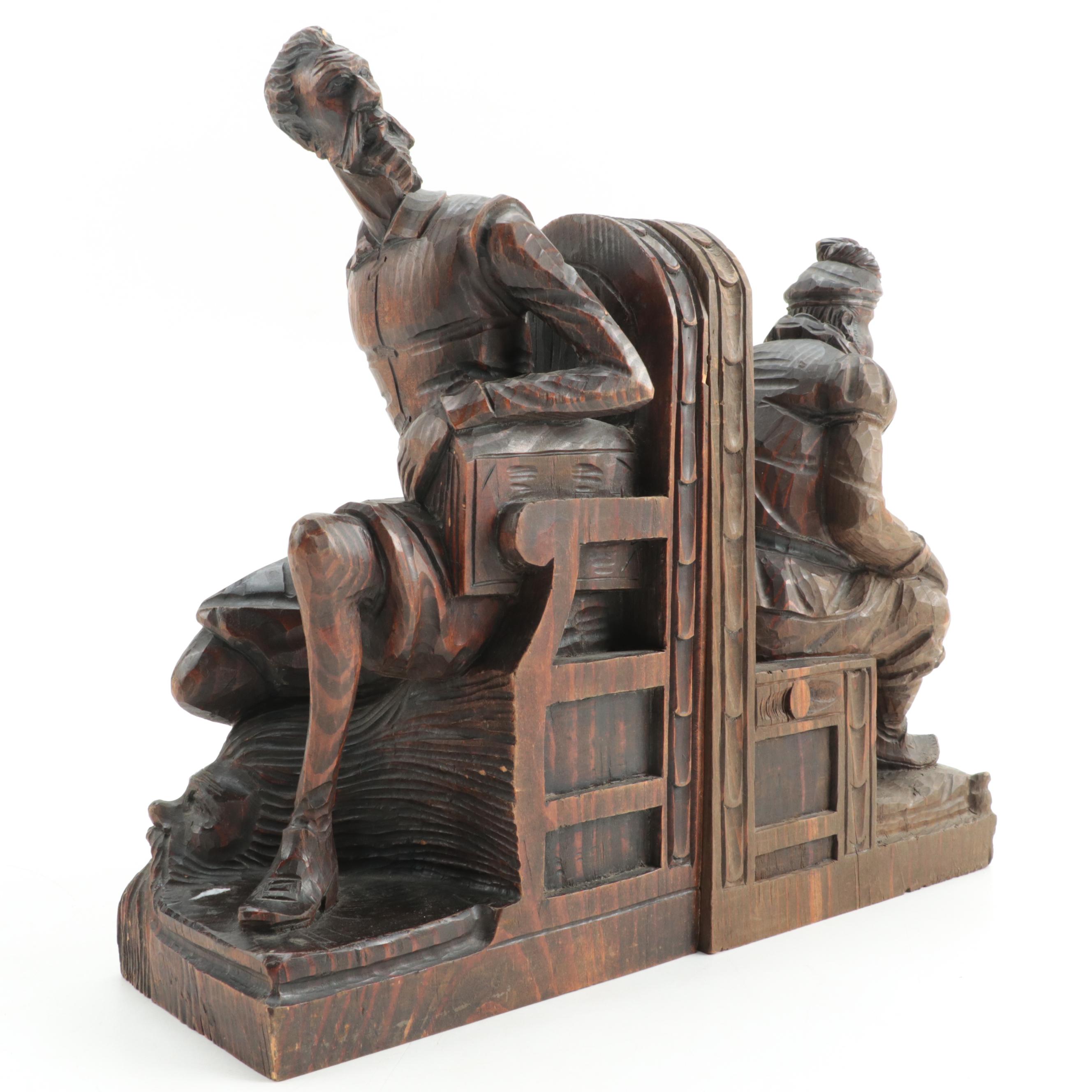 Ouro Spanish Hand-Carved Wooden Don Quixote And Sancho Panza Bookends