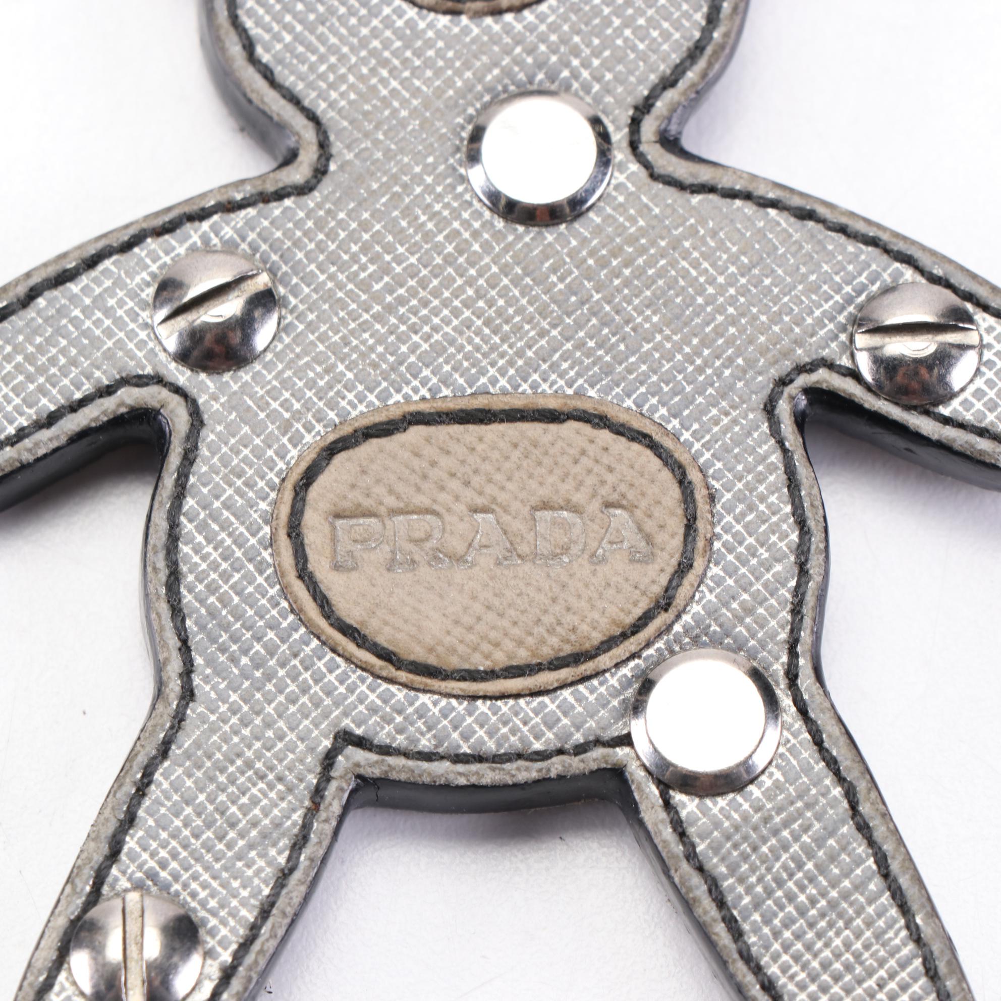 Prada Bear Bag Charm/Keychain in Studded Metallic-Tone Saffiano Leather