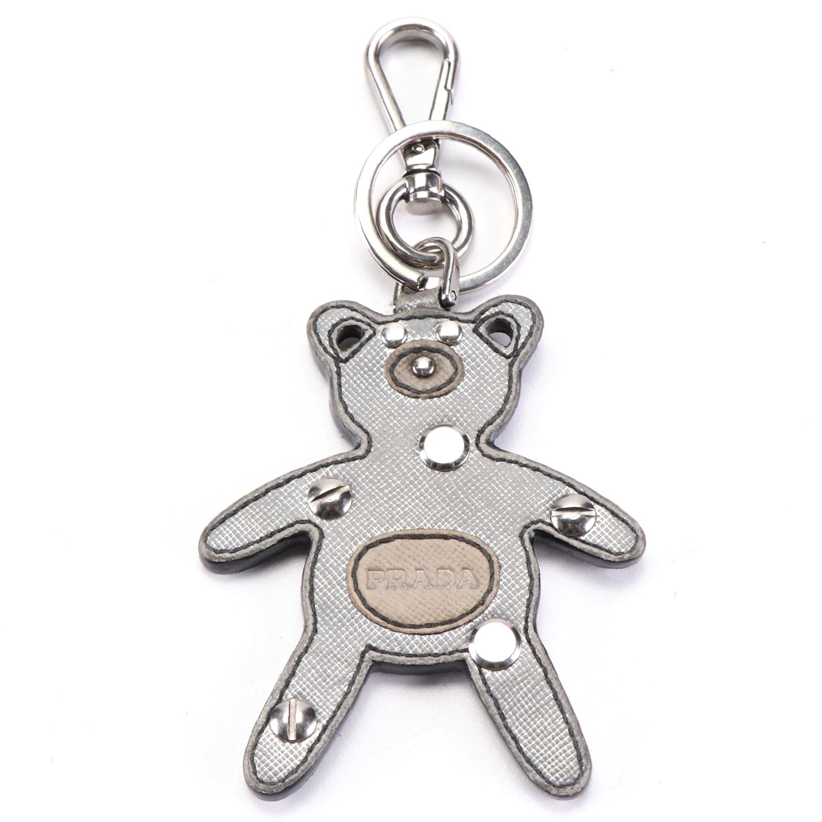 Prada Bear Bag Charm/Keychain in Studded Metallic-Tone Saffiano Leather
