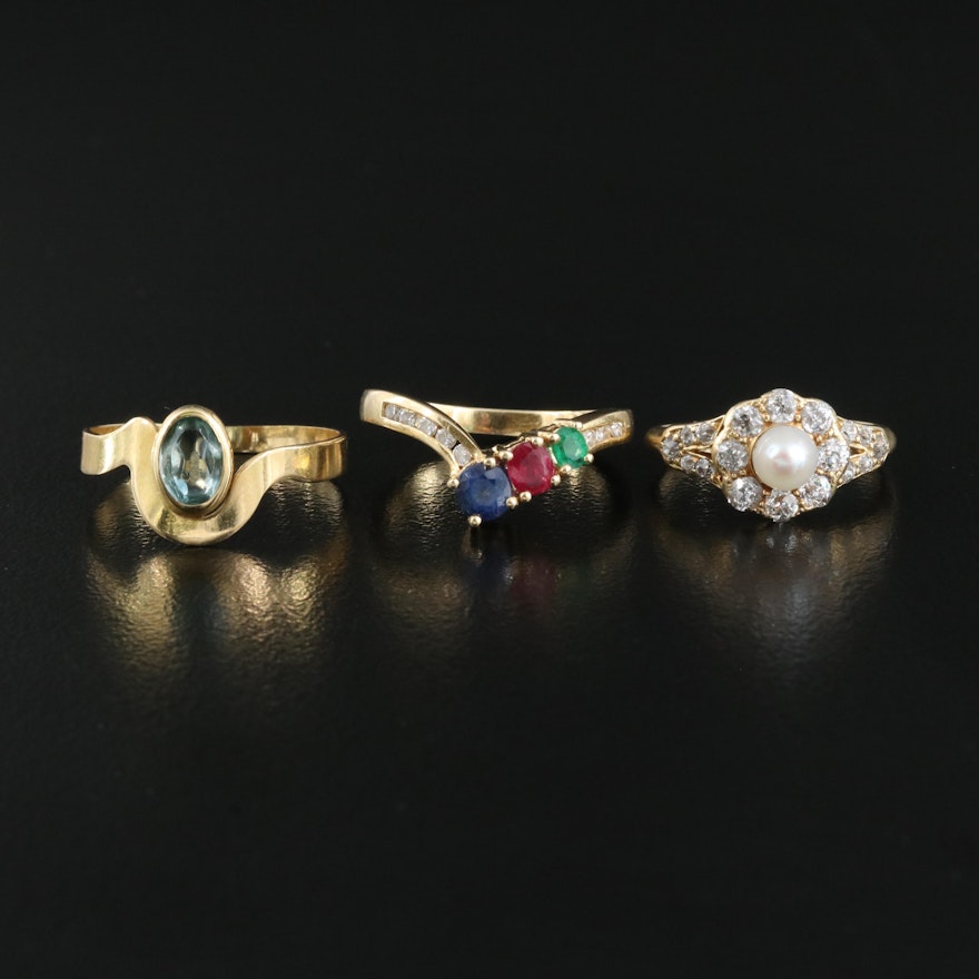 18K Rings Including Aquamarine, Pearl, Sapphire, Ruby, Emerald and Diamond