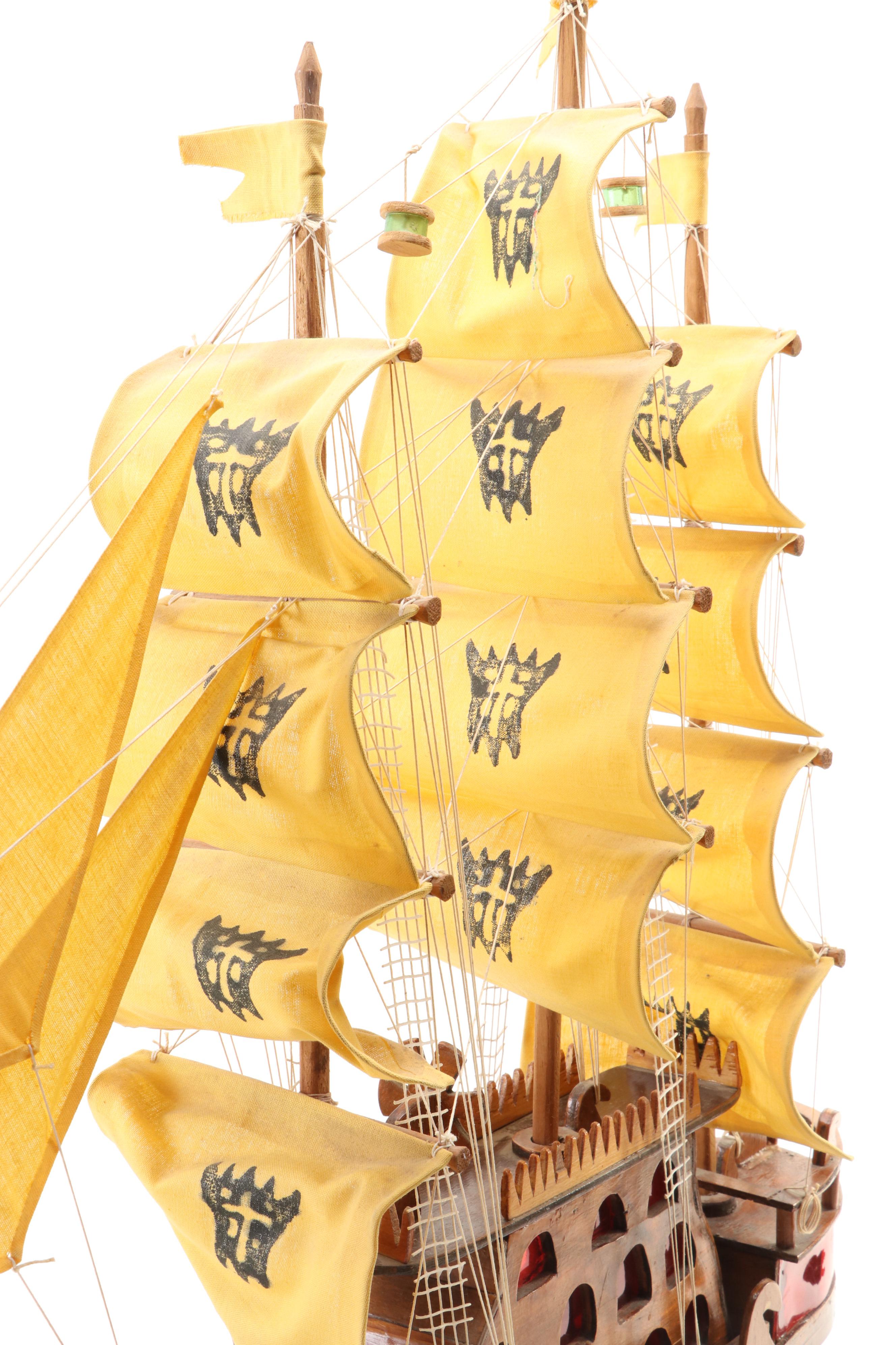 Wooden Model Galleon Ship, Mid to Late 20th Century