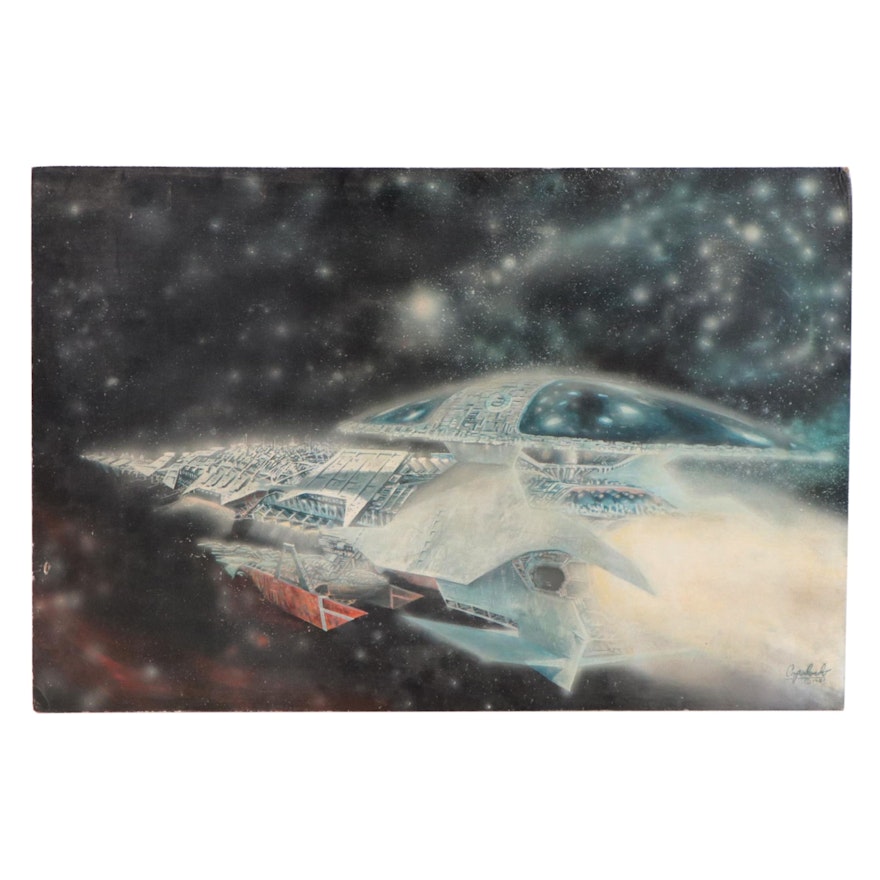 Eric Papalardo Acrylic Painting of Spaceship, 1981