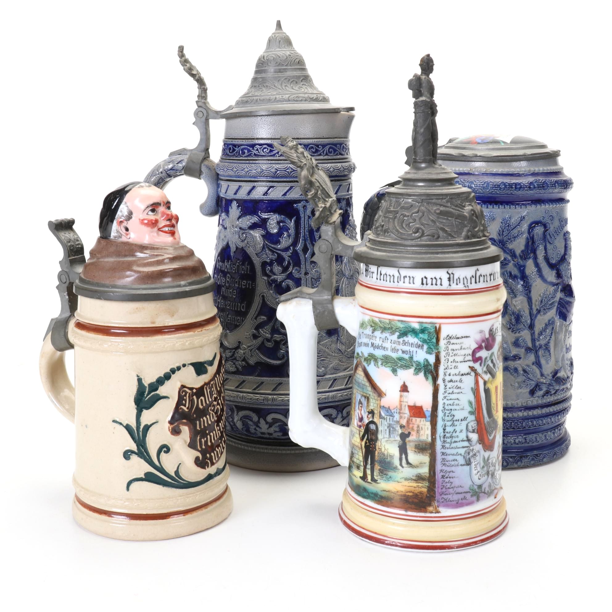German Beer Steins Featuring Salt-Glazed and Commemorative Regimental Lithophane