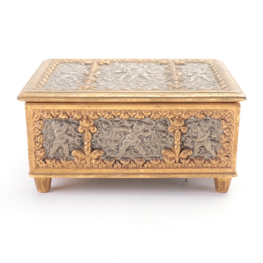 Rococo Style Partial Gilt Repousse Musical Jewelry Box, Mid-20th Century