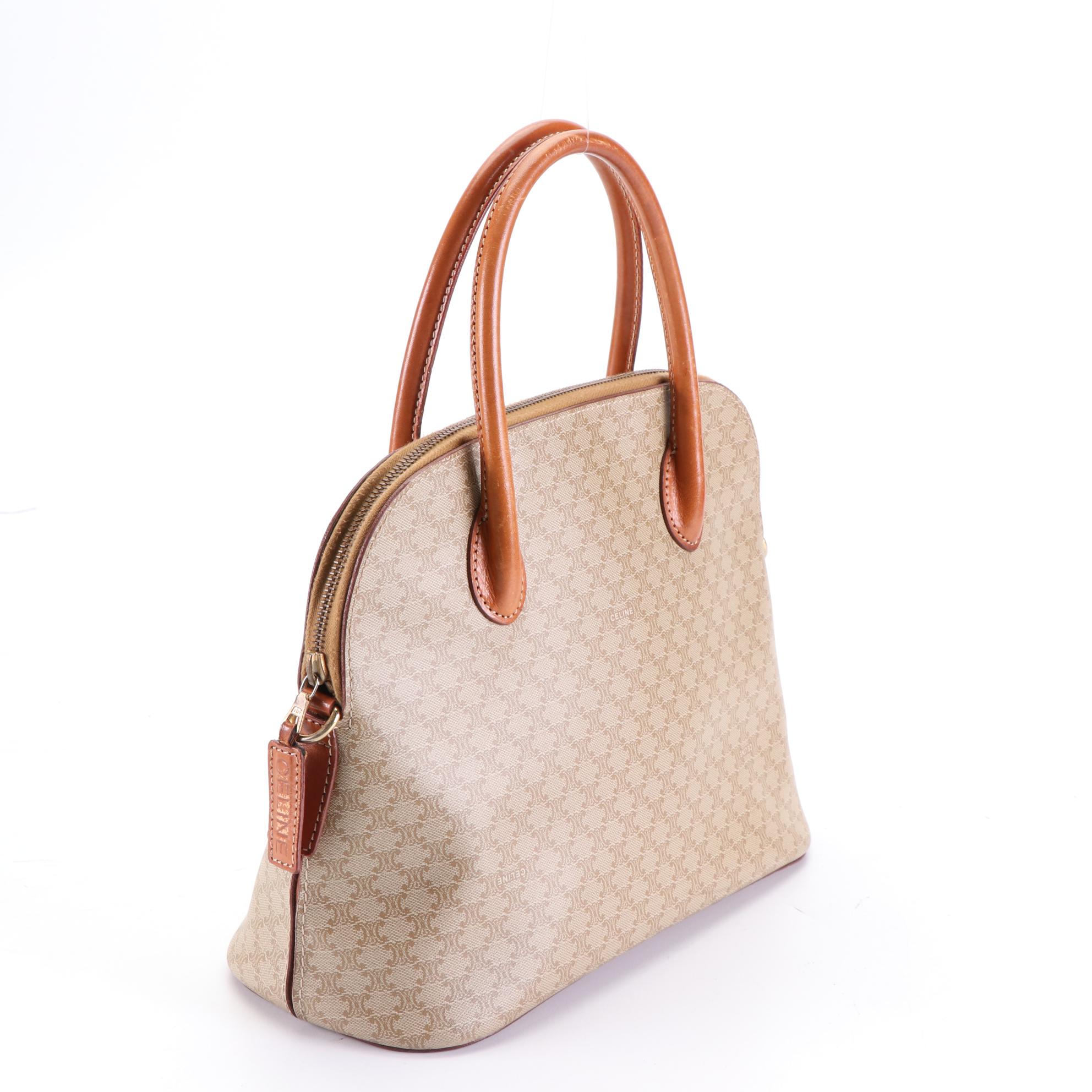Celine Dome Satchel in Macadam Coated Canvas and Leather Trim