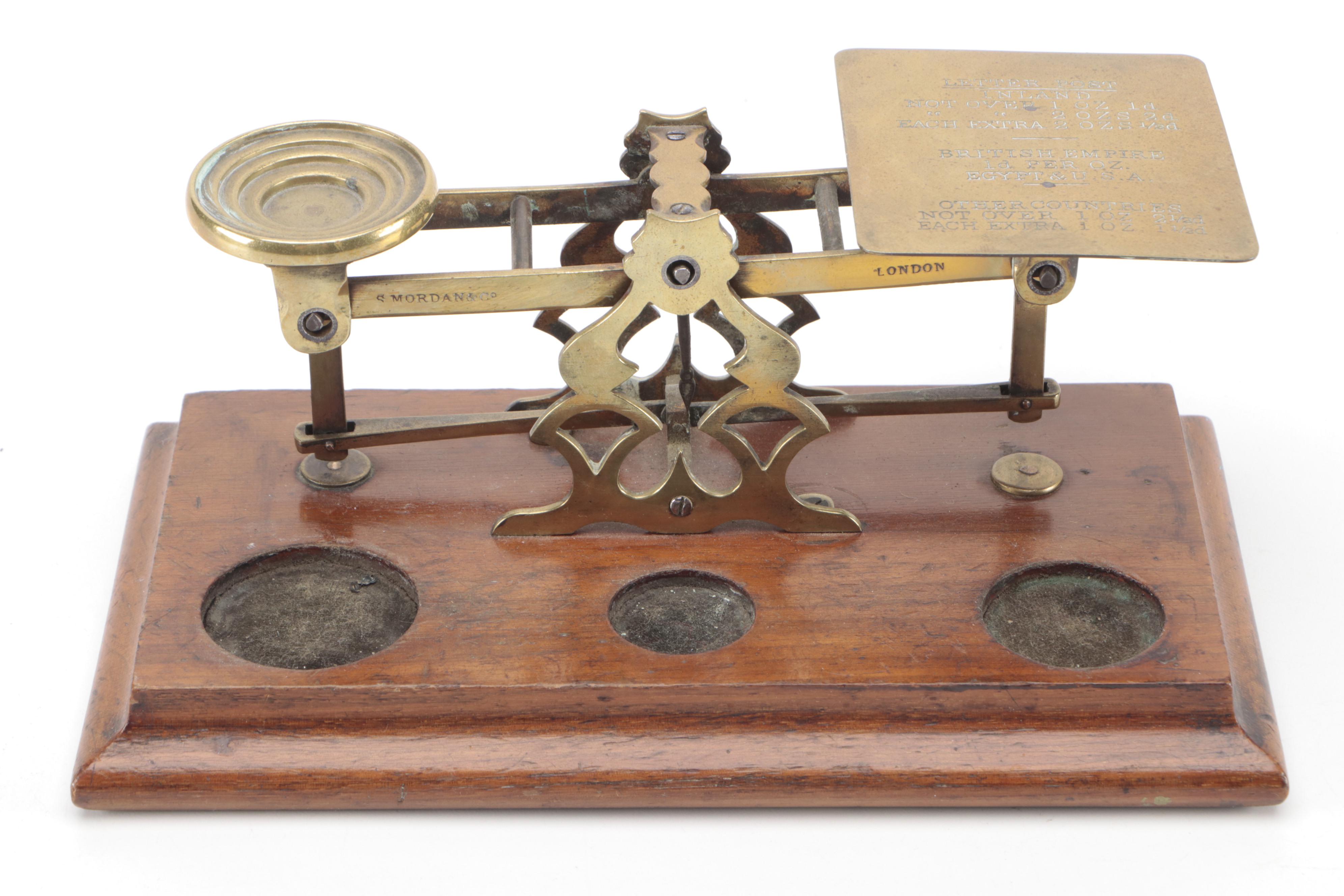 S. Mordan & Co. English Wood and Brass Postal Scale with Weights