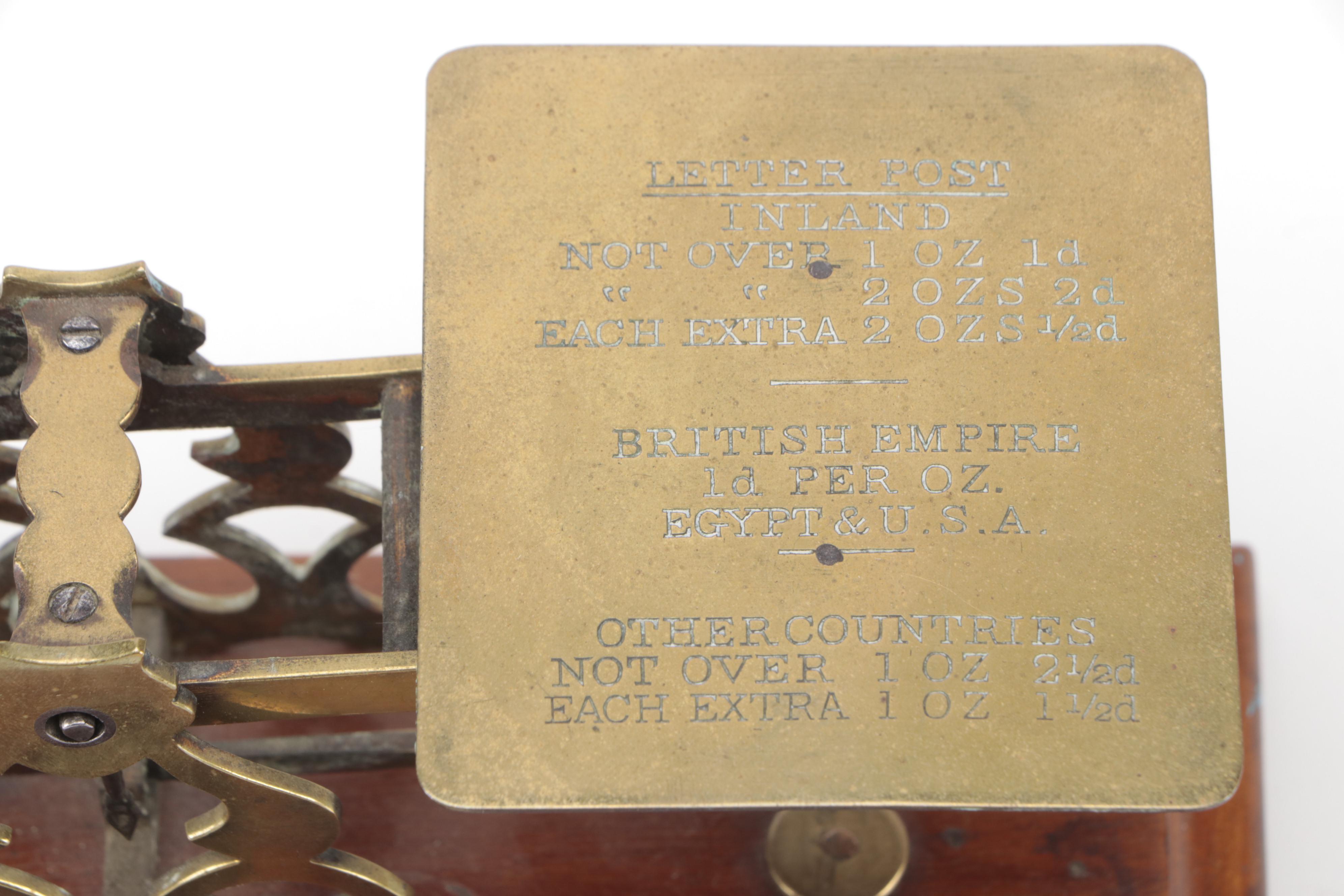 S. Mordan & Co. English Wood and Brass Postal Scale with Weights