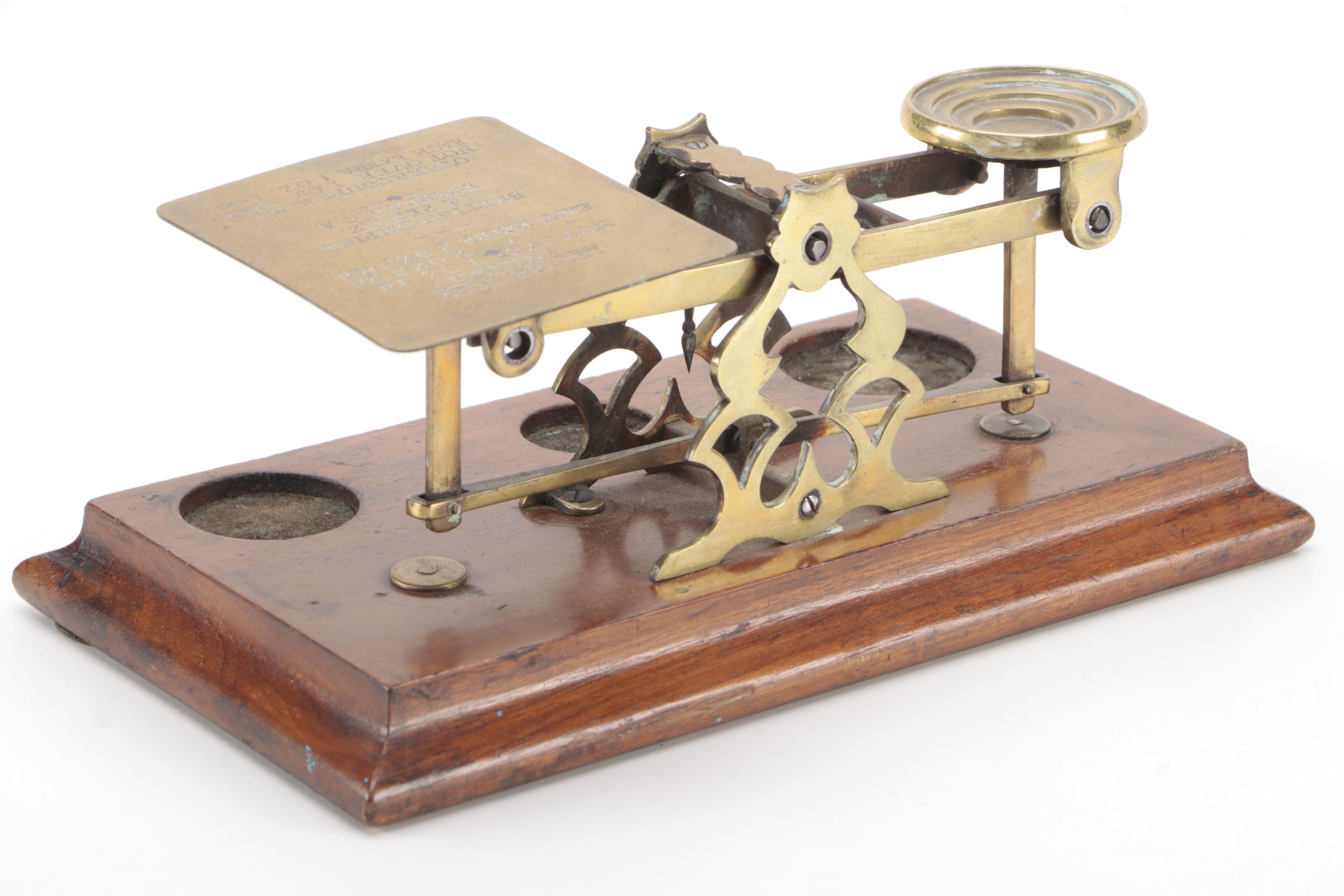 S. Mordan & Co. English Wood and Brass Postal Scale with Weights