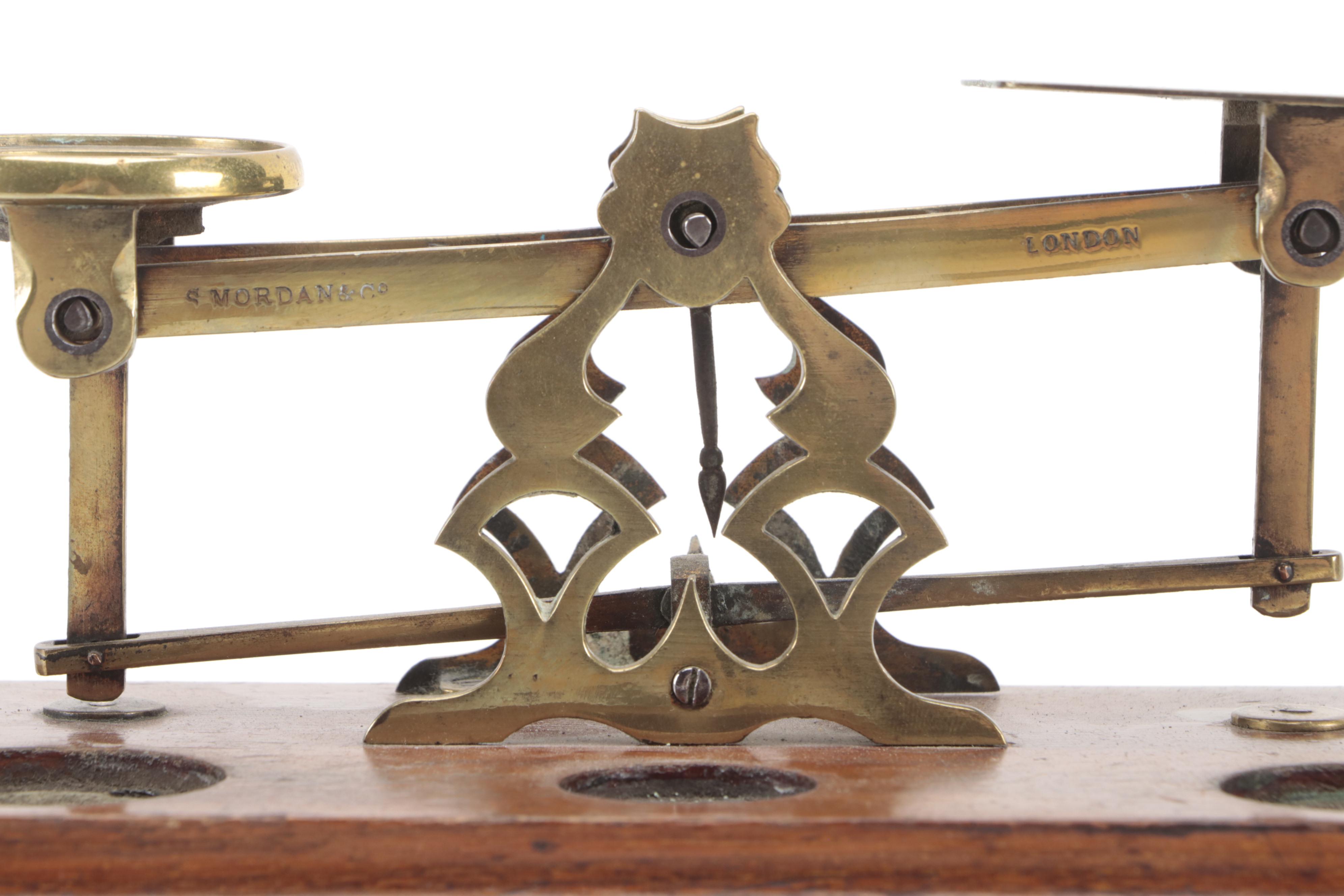 S. Mordan & Co. English Wood and Brass Postal Scale with Weights
