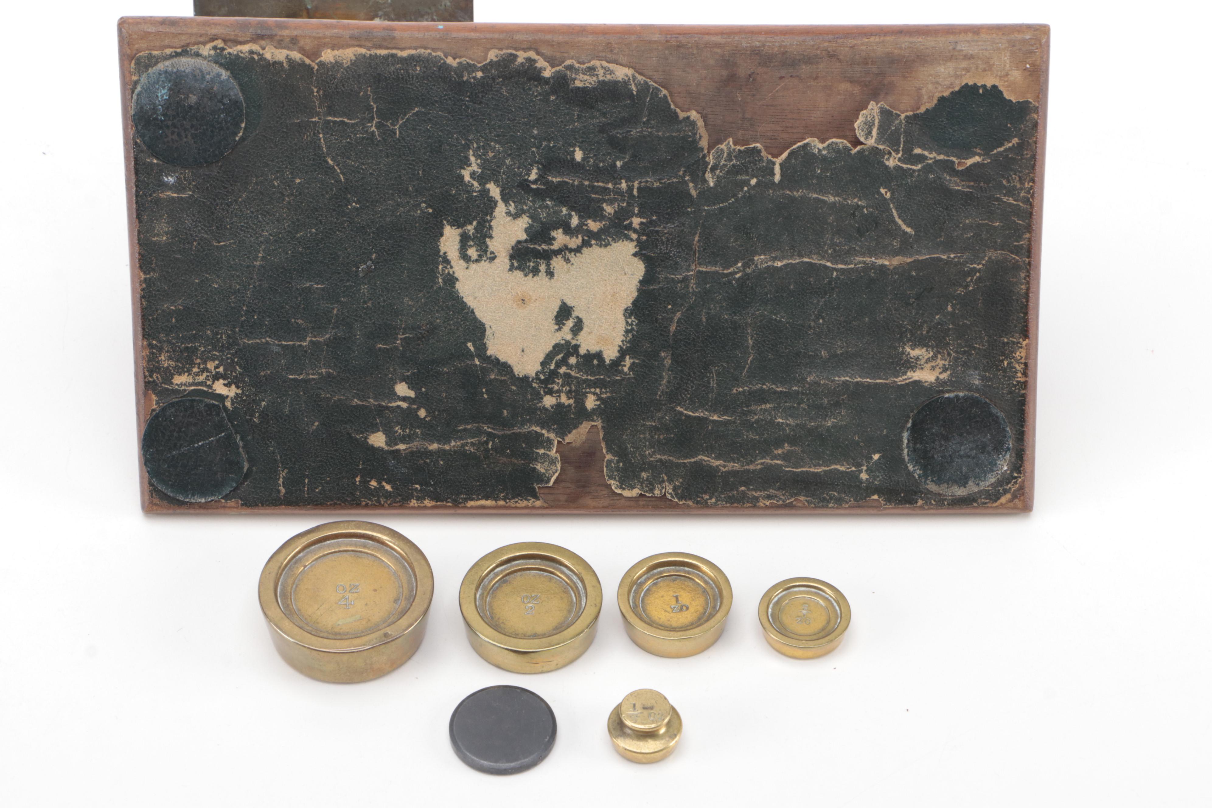 S. Mordan & Co. English Wood and Brass Postal Scale with Weights