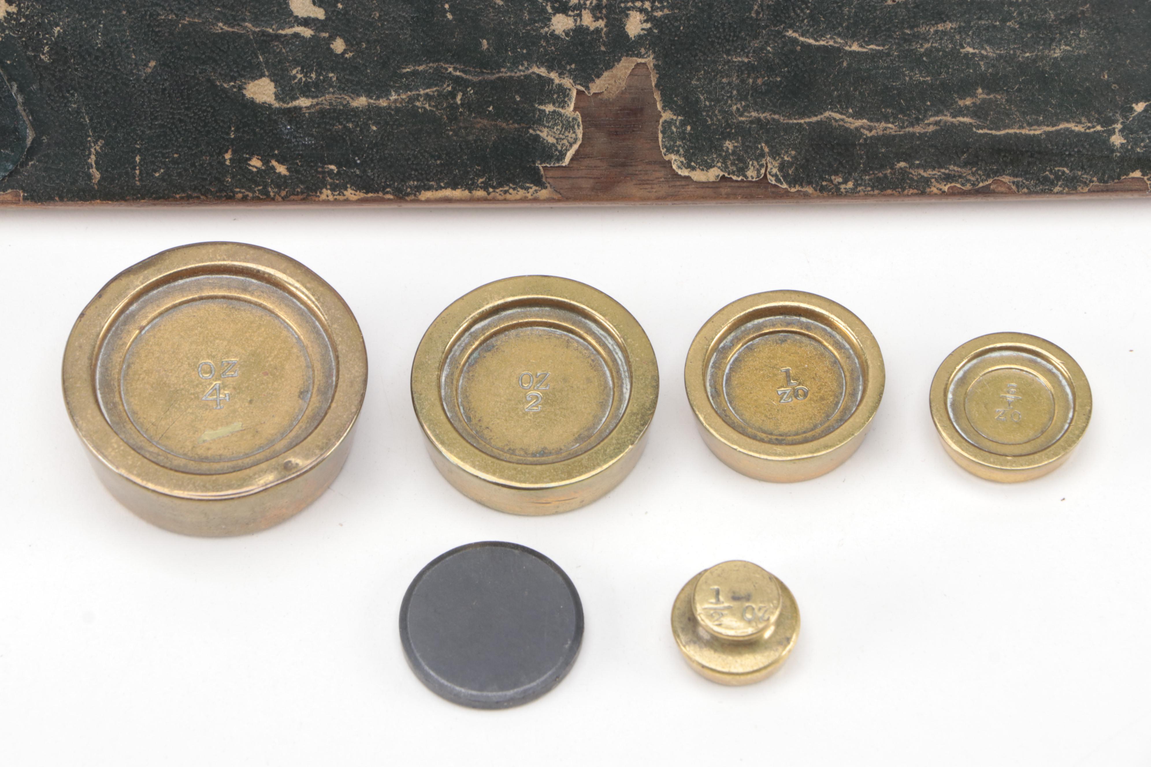 S. Mordan & Co. English Wood and Brass Postal Scale with Weights