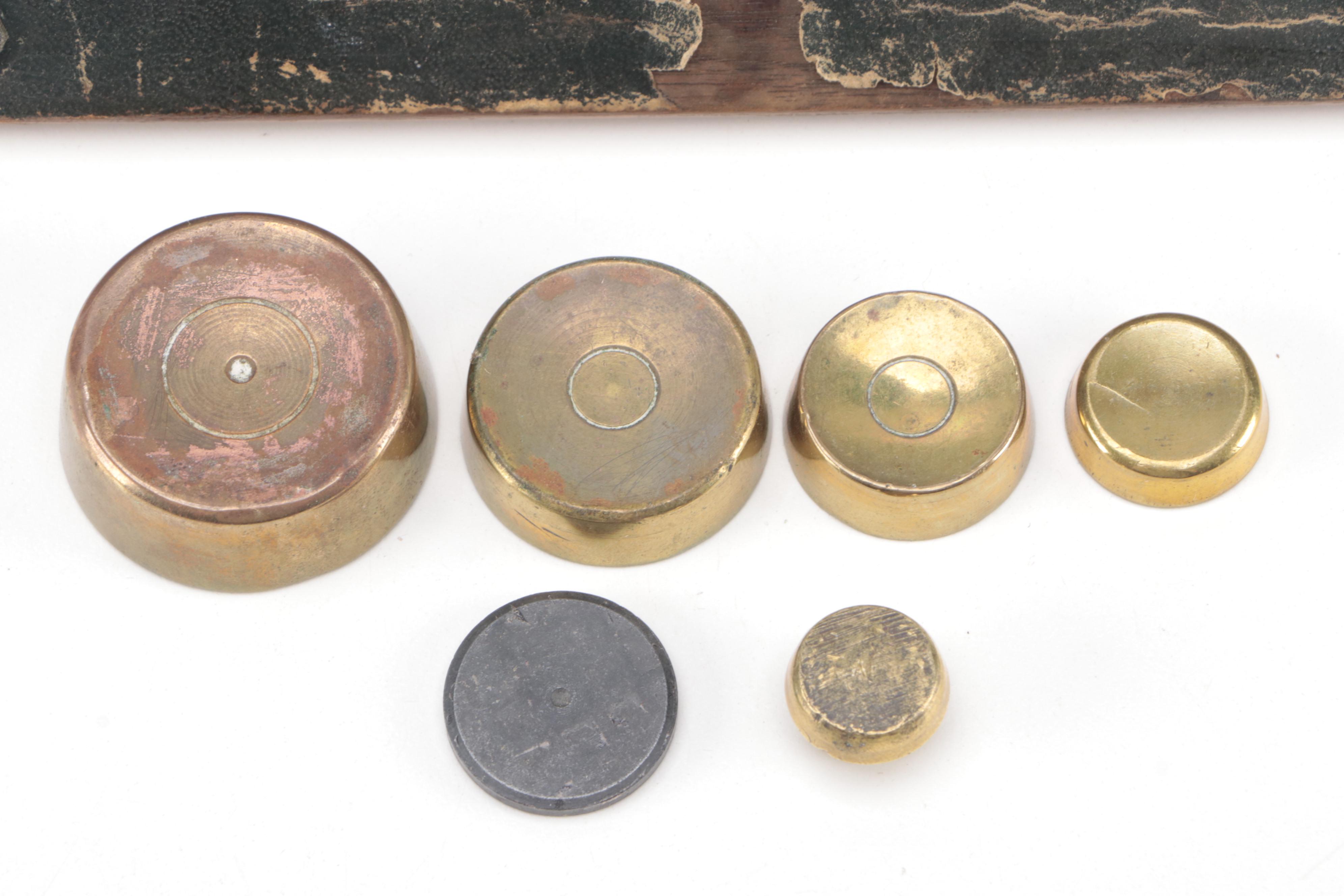 S. Mordan & Co. English Wood and Brass Postal Scale with Weights