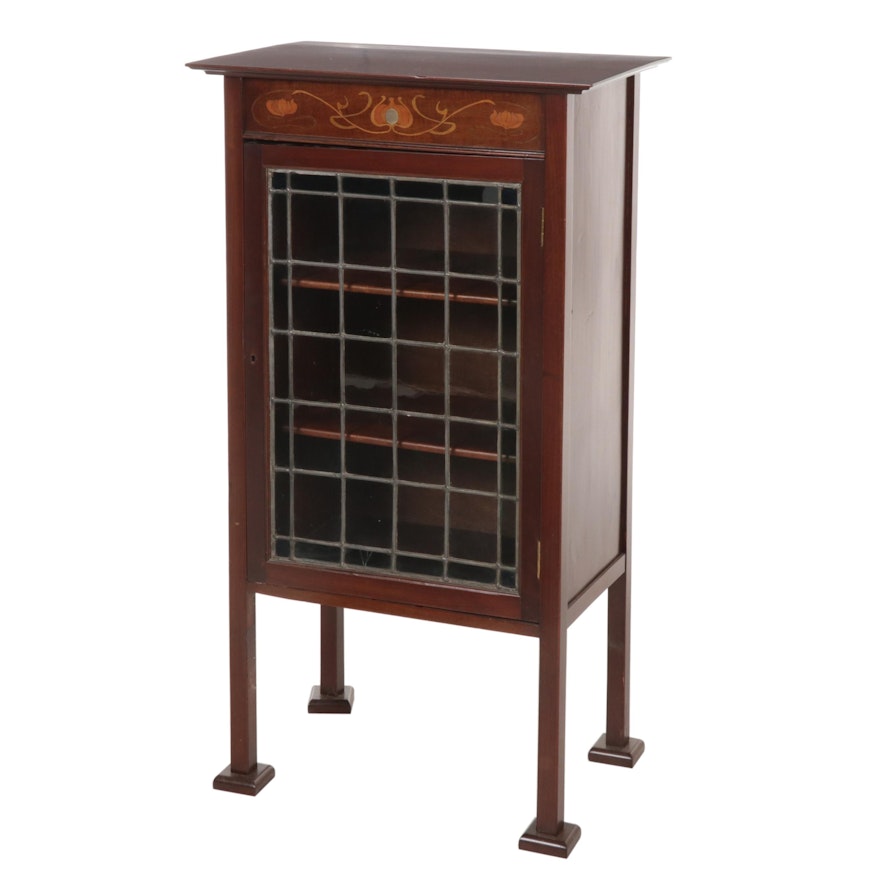 Arts & Crafts Style Wood-Inlaid, Cherry-Stained and Leaded Glass Side Cabinet
