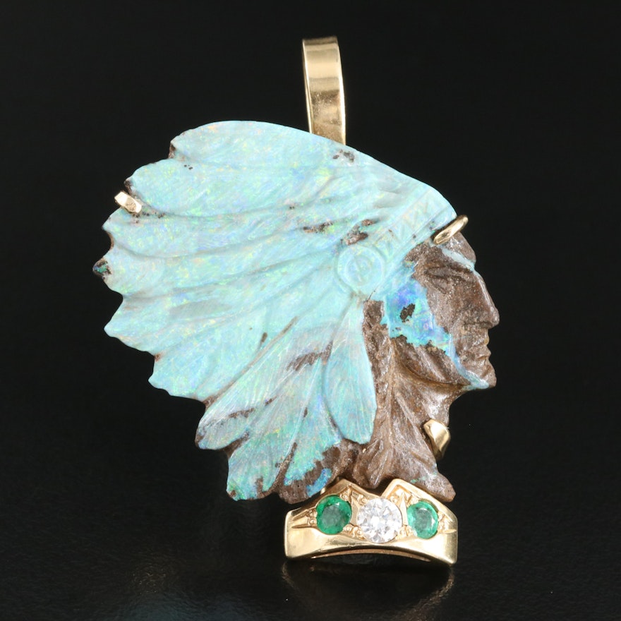 14K Boulder Opal, Emerald and Diamond Native American Profile Pendant