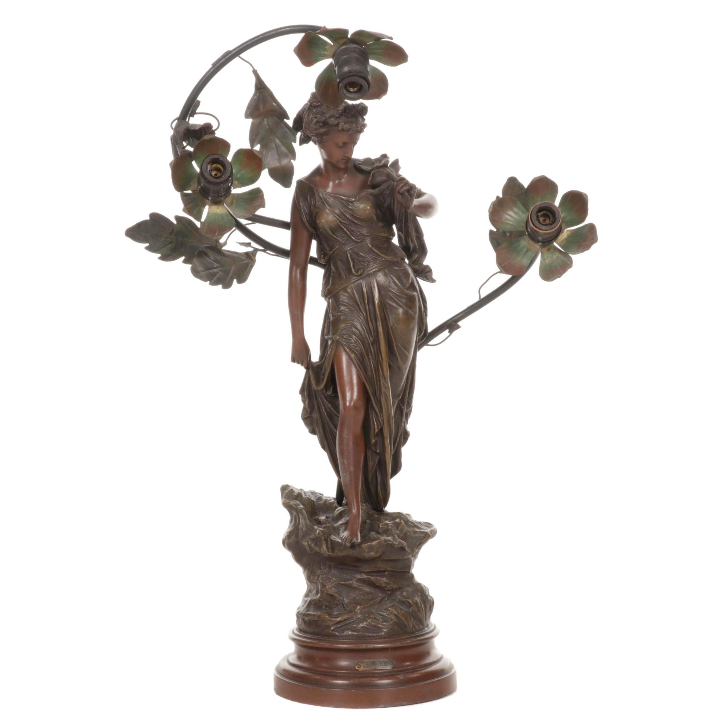 Art Nouveau "Idylle" Patinated Metal Table Lamp, Early to Mid 20th Century