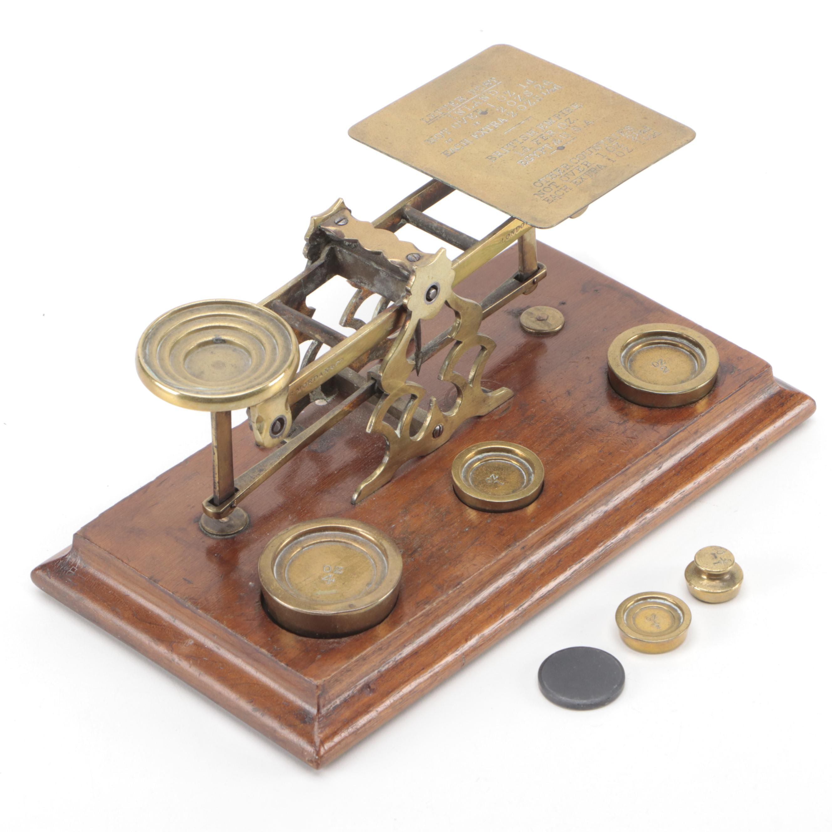 S. Mordan & Co. English Wood and Brass Postal Scale with Weights