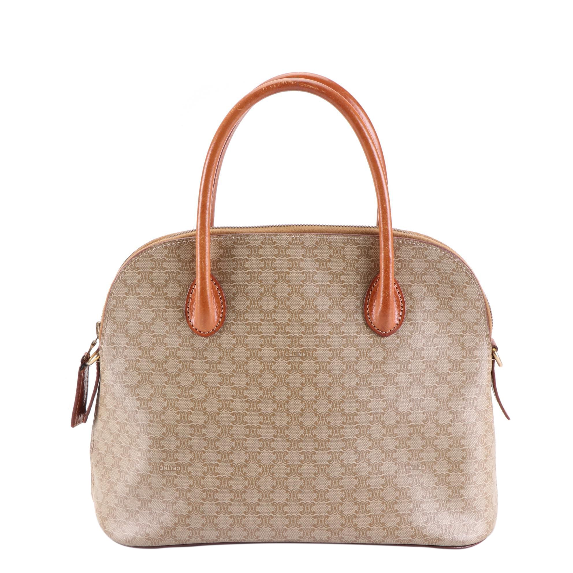 Celine Dome Satchel in Macadam Coated Canvas and Leather Trim