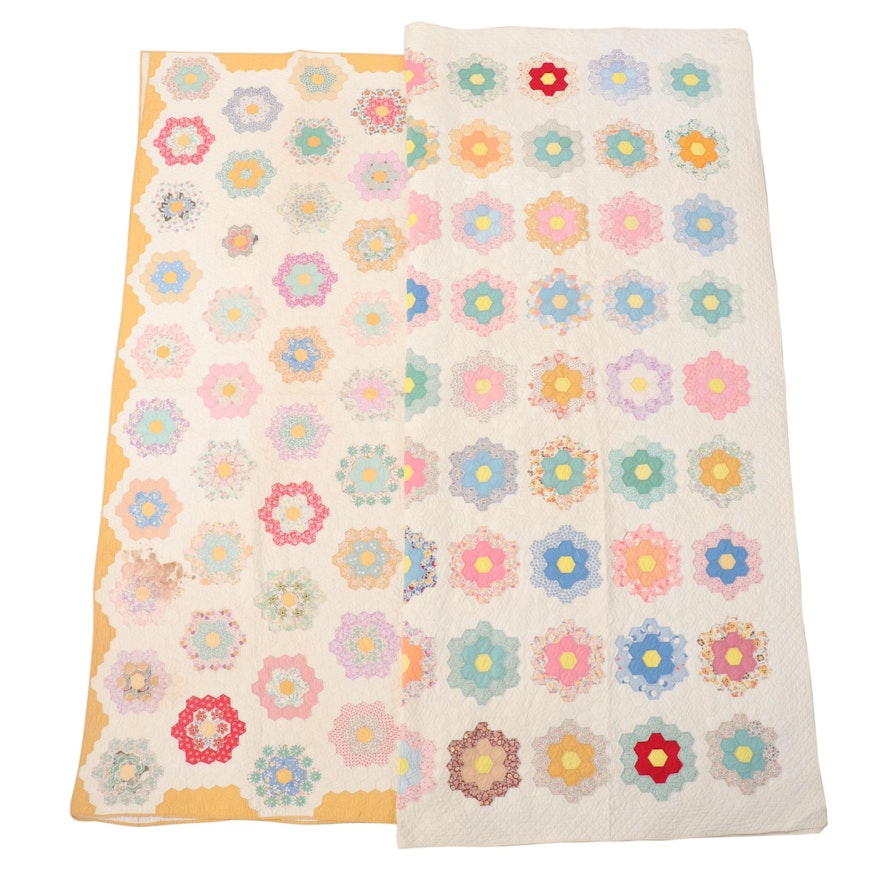 Handmade "Grandmother's Flower Garden" Pieced Cotton Quilts, Mid-20th C.
