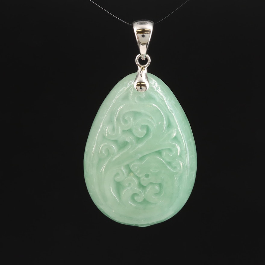 Sterling Jadeite Carved Teardrop Pendant