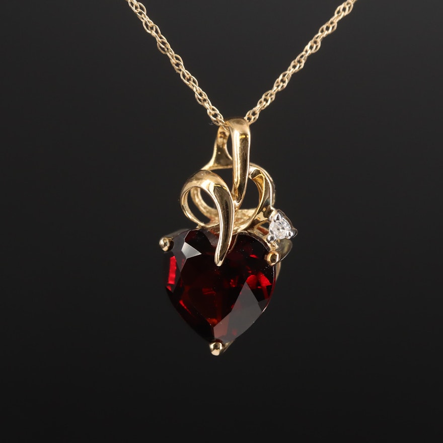 10K Garnet and Diamond Heart Pendant Necklace