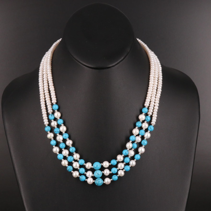 Sterling Pearl and Turquoise Triple Strand Necklace
