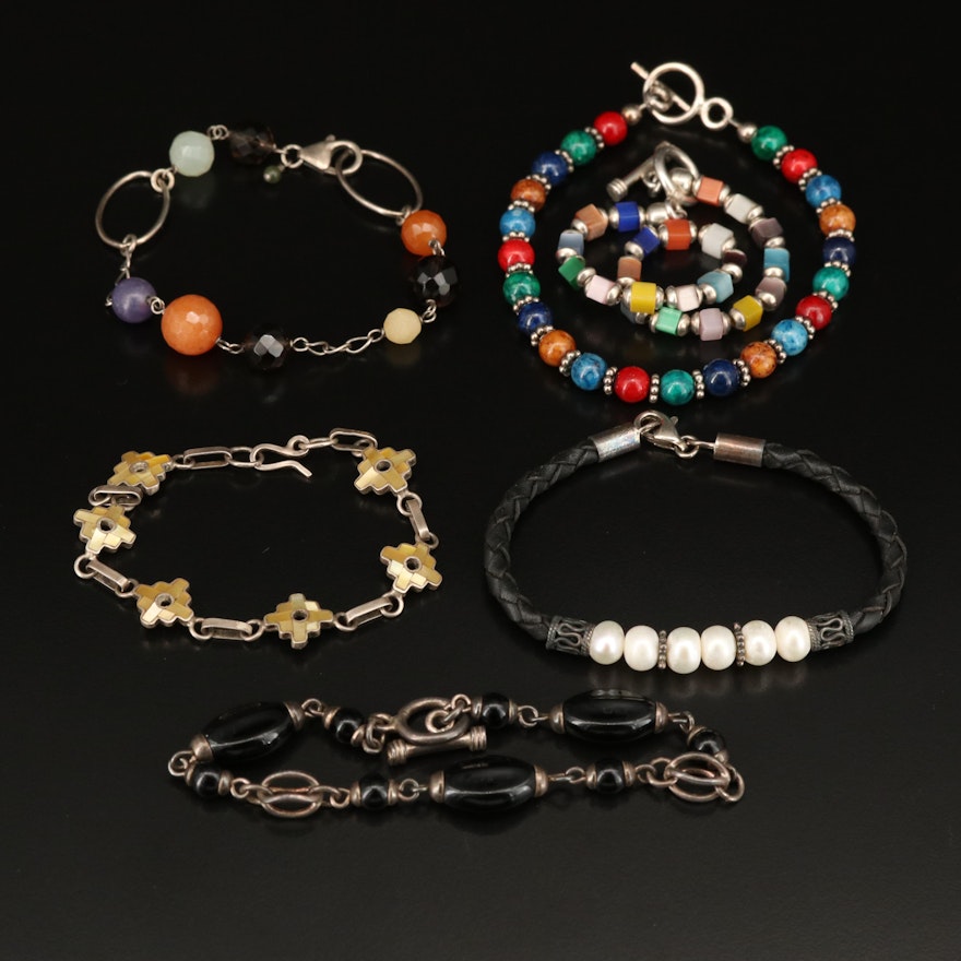 Sterling Bracelet Selection Including Pearl, Smoky Quartz and Carnelian