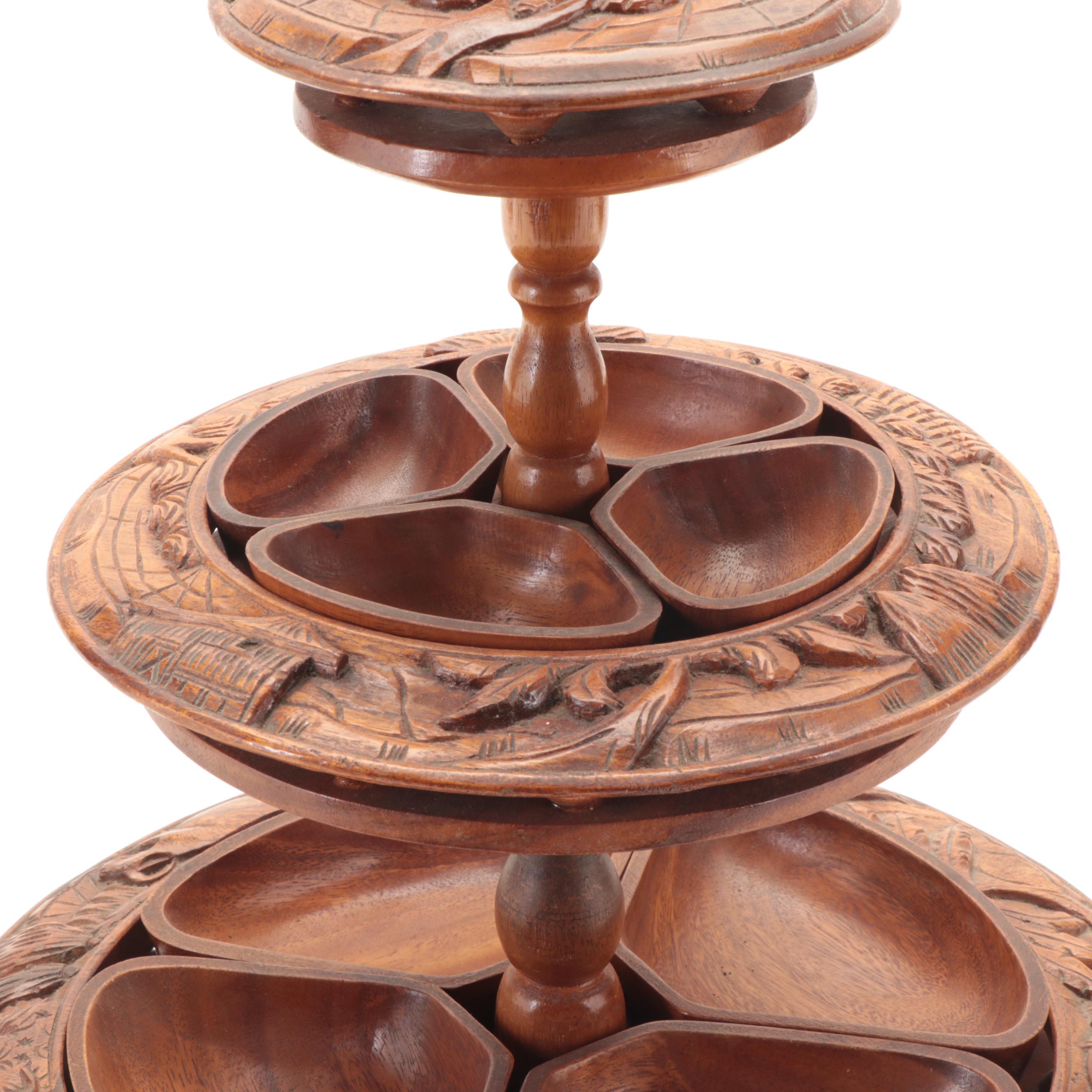 Carved Monkey Pod Three Tiered Appetizer Lazy Susan