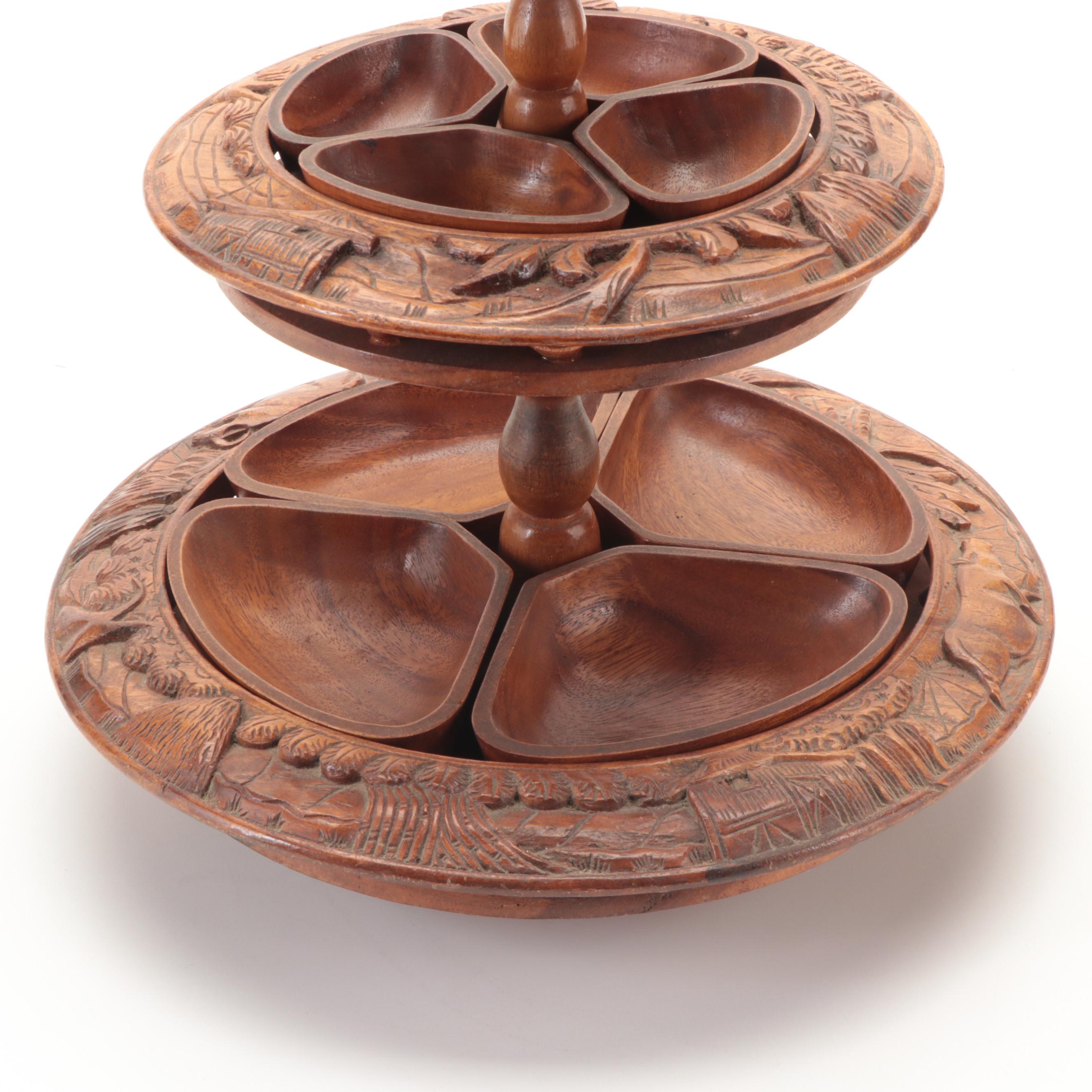 Carved Monkey Pod Three Tiered Appetizer Lazy Susan
