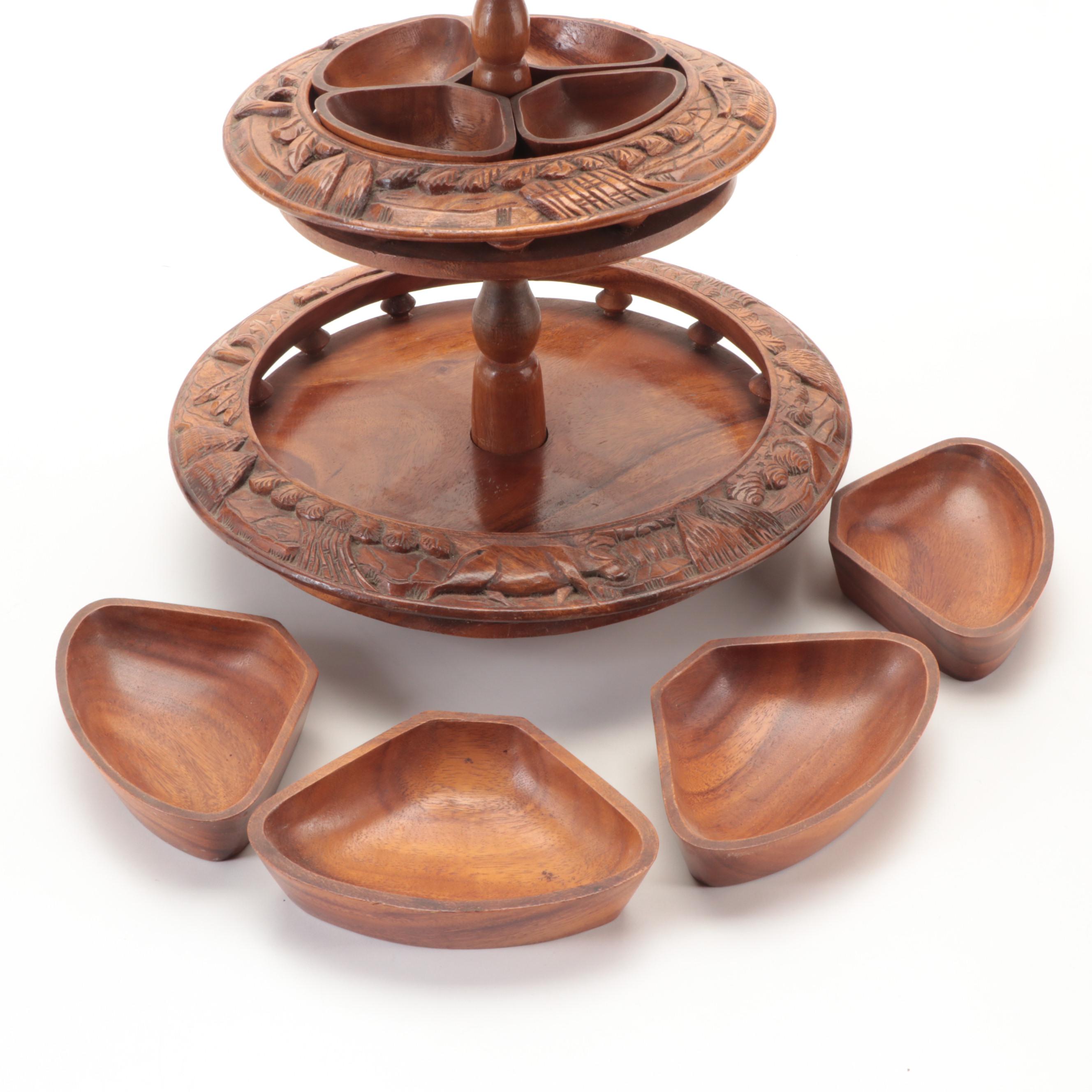 Carved Monkey Pod Three Tiered Appetizer Lazy Susan