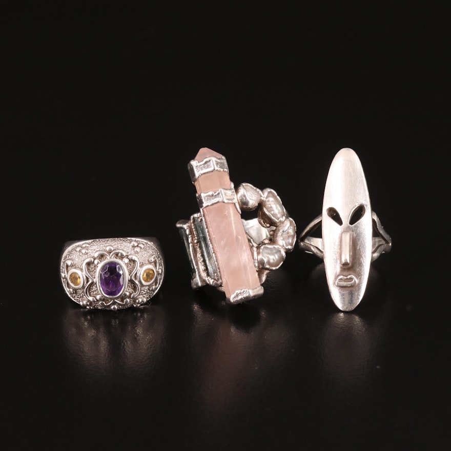 Trio of Sterling Rings with Amethyst, Citrine and Pearl