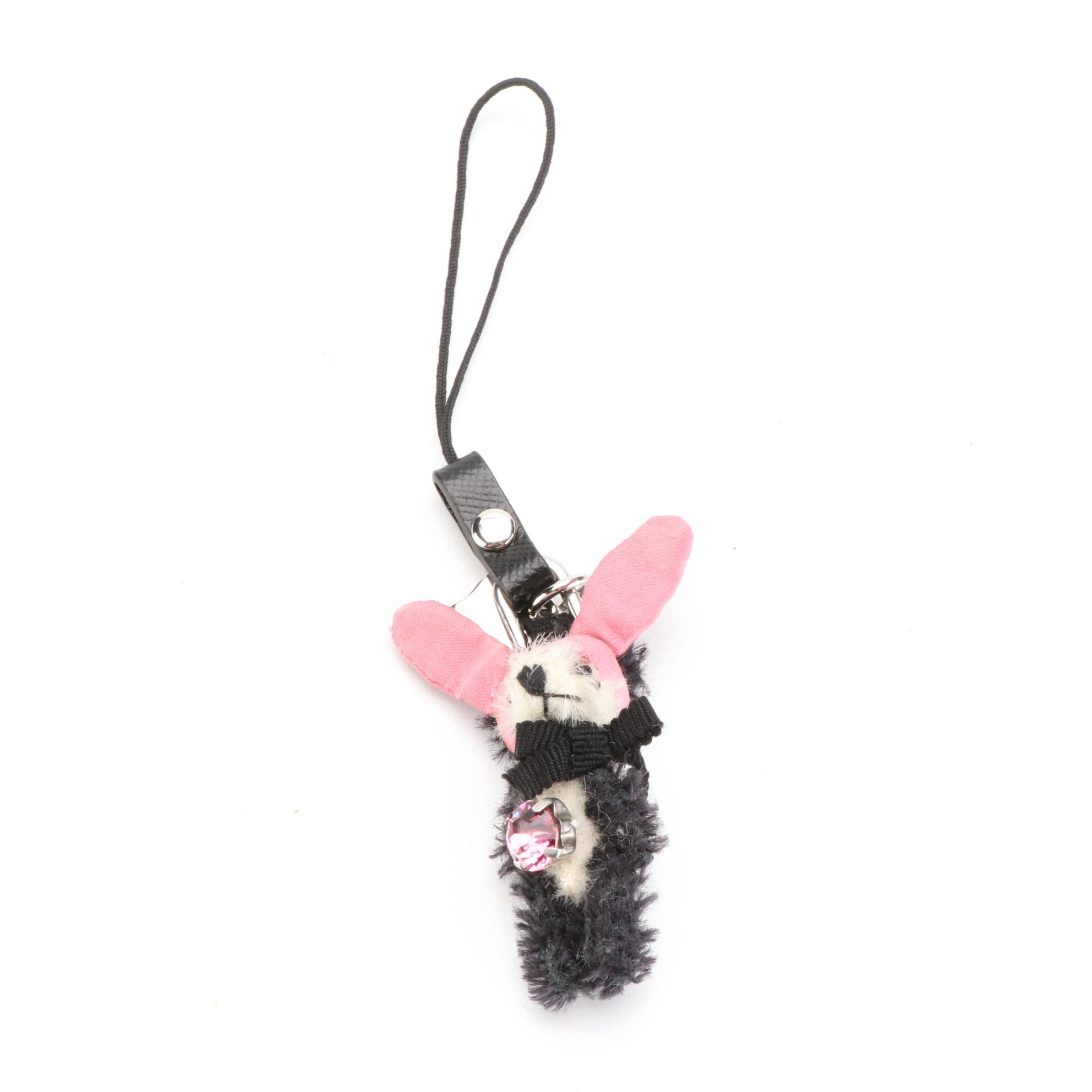 Prada Panda Bear Embellished Bag Charm/Keychain in Satin and Leather with Box