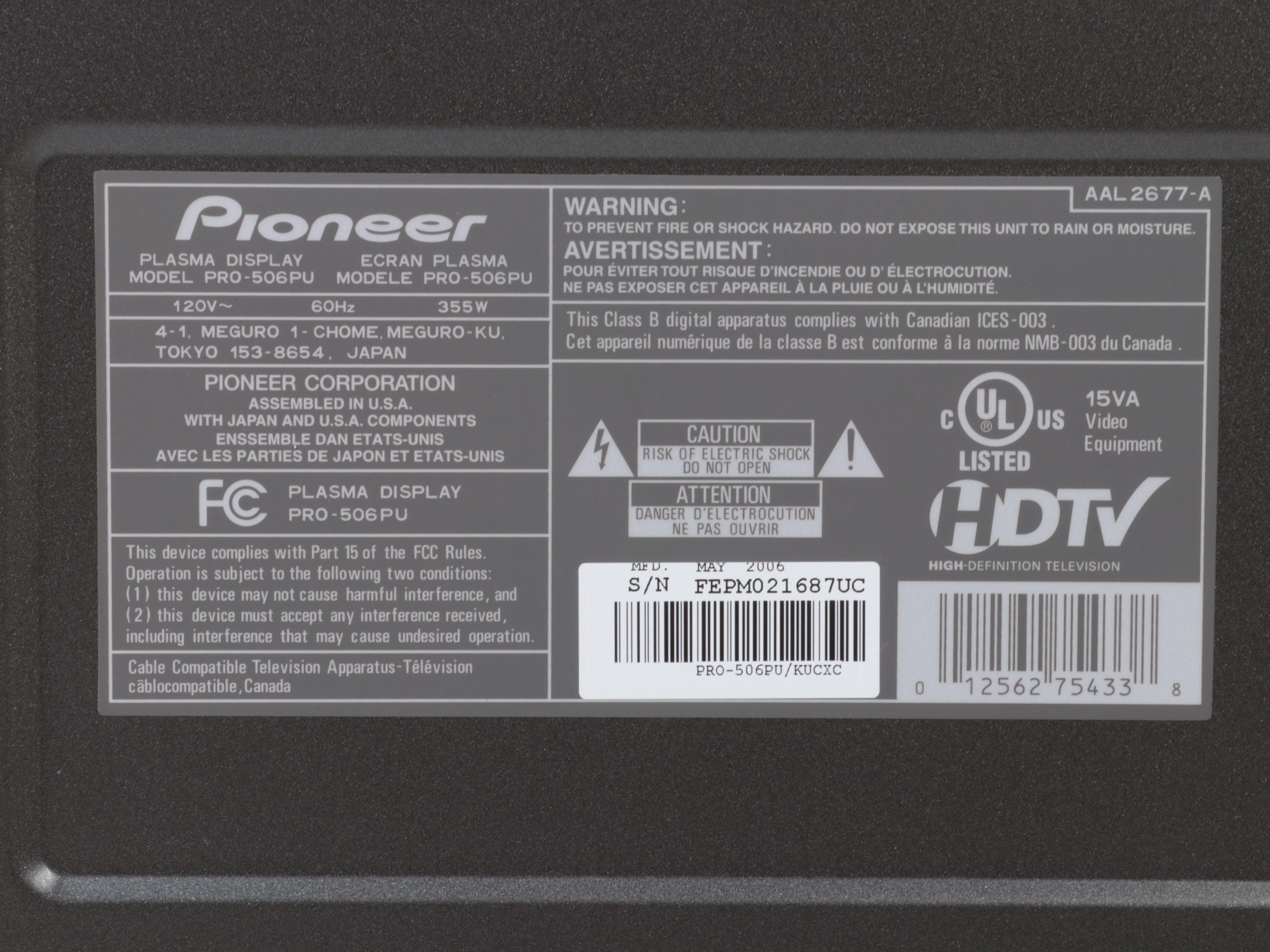 Pioneer Elite 50" Plasma Television With Integrated Speakers