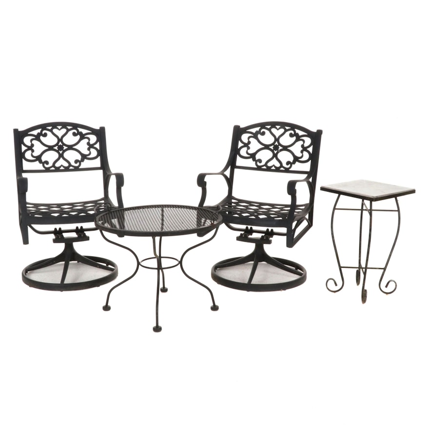 Two Metal Patio Swivel Chairs with Side Tables