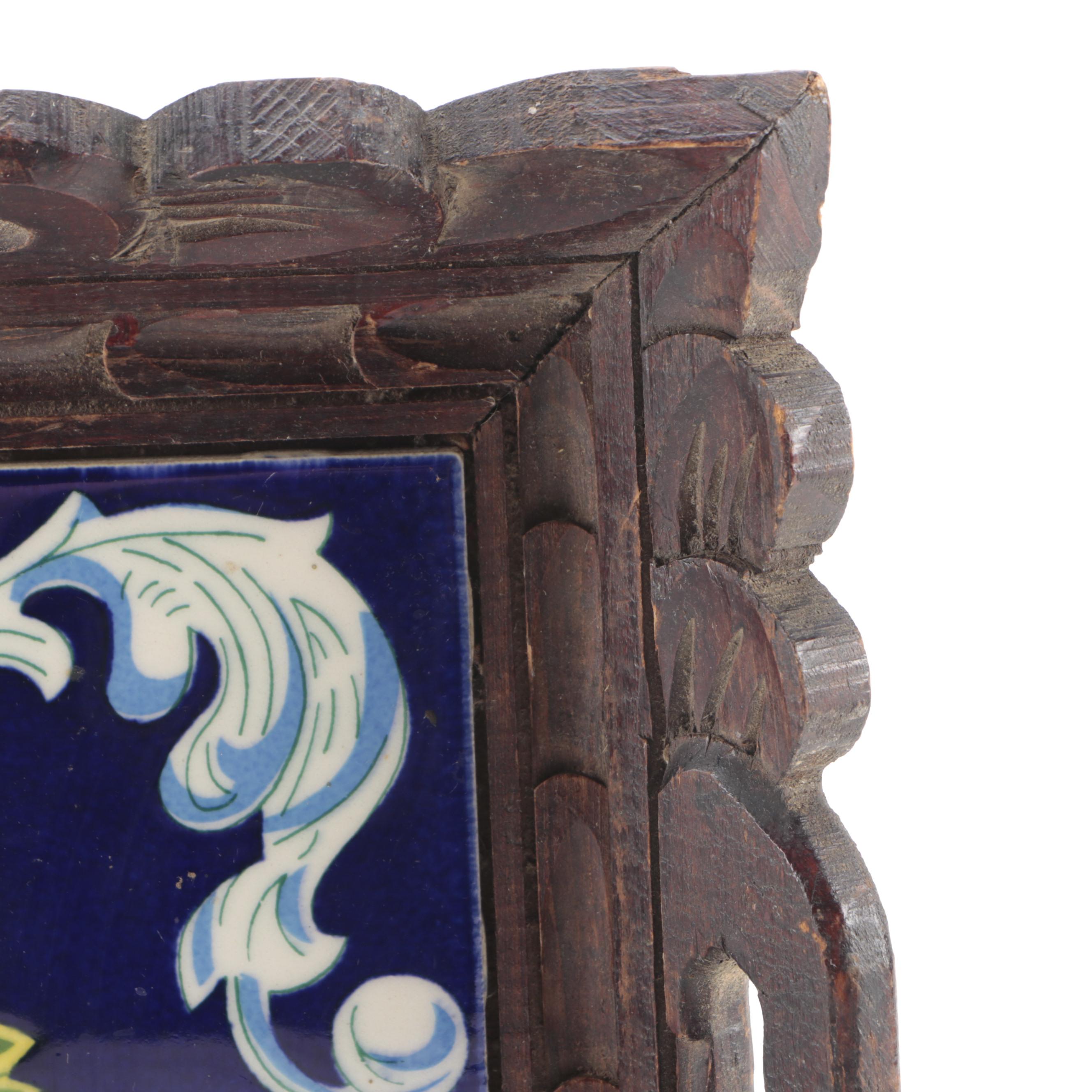 Italian Hand-Painted Ceramic Tile Inset Carved Wood Handled Tray