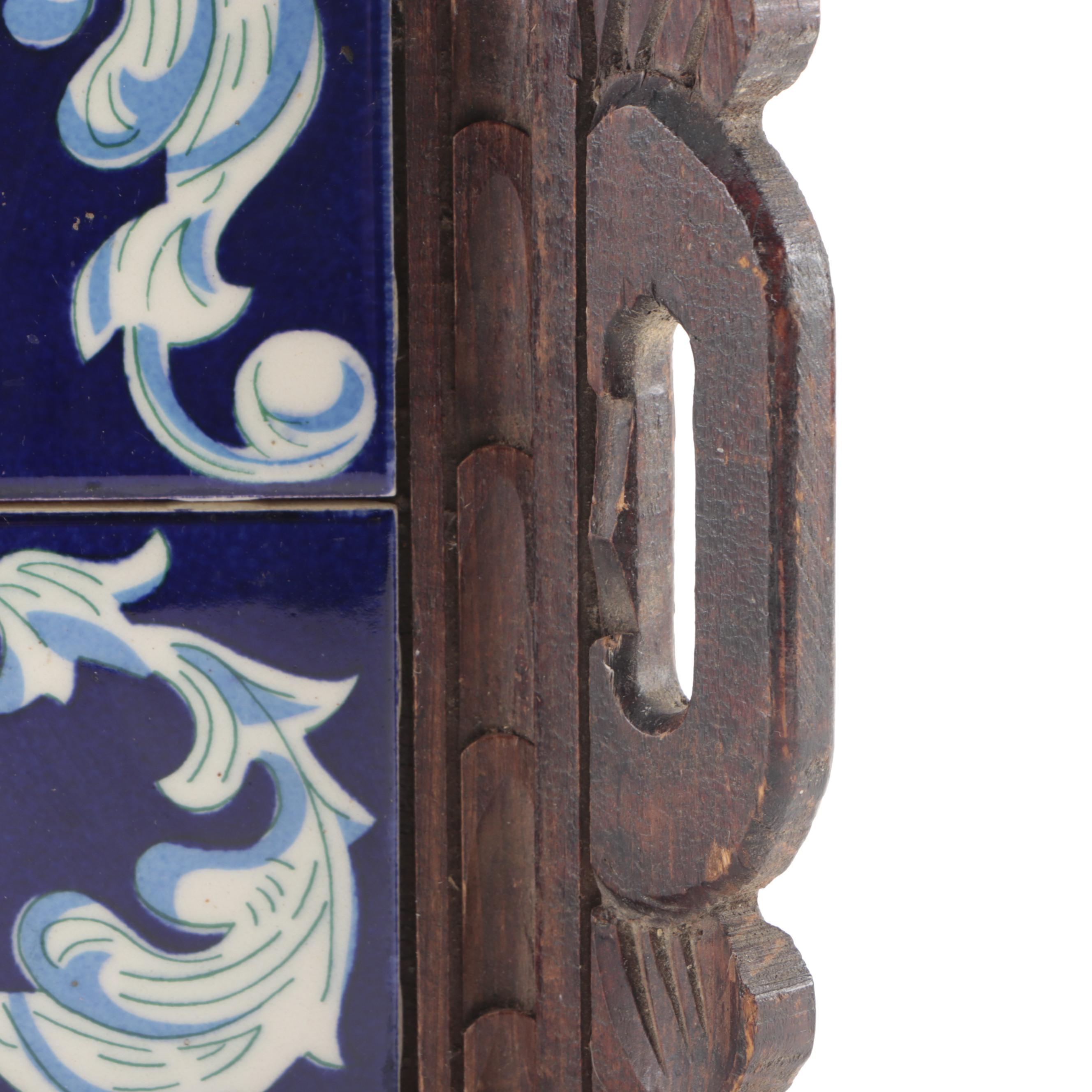Italian Hand-Painted Ceramic Tile Inset Carved Wood Handled Tray