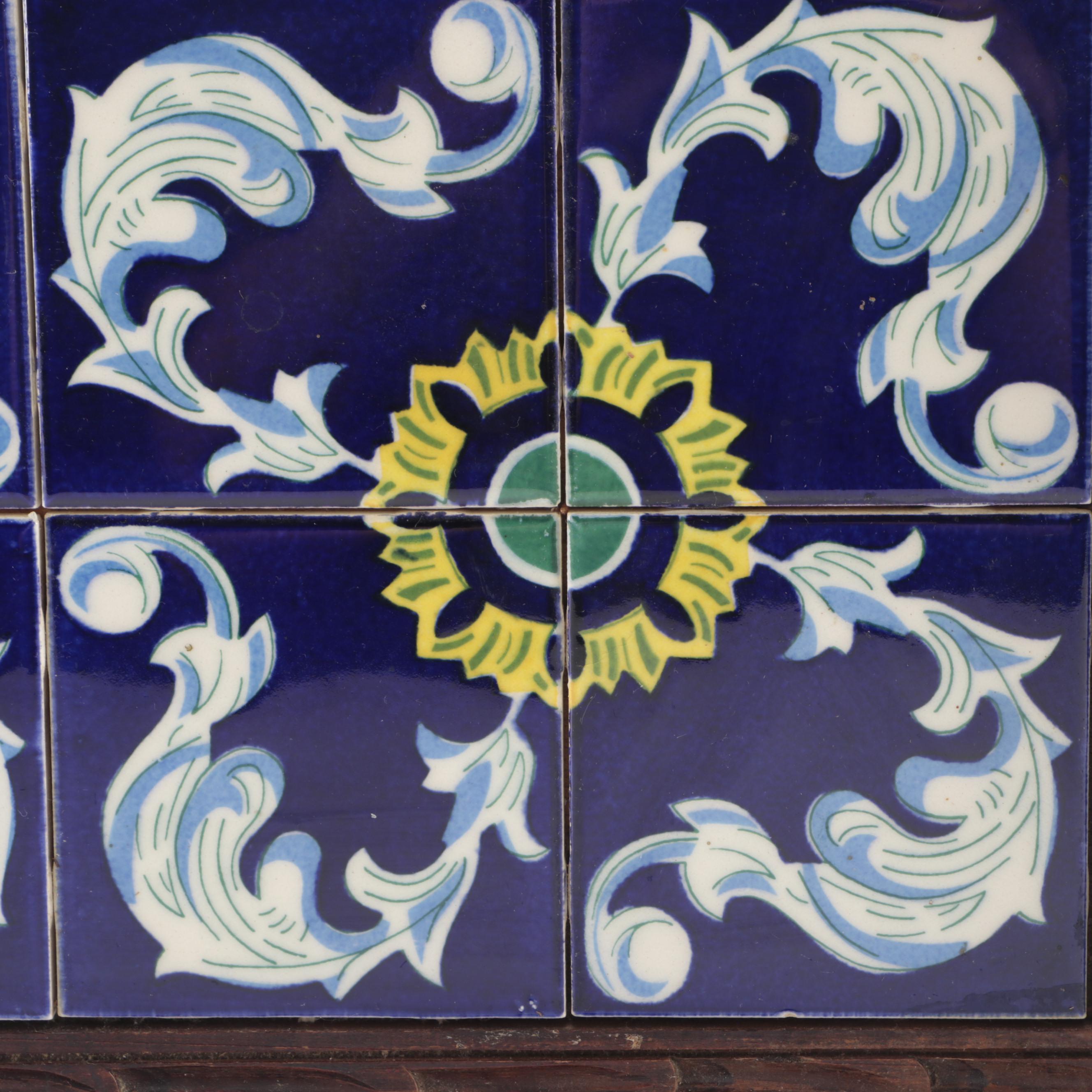 Italian Hand-Painted Ceramic Tile Inset Carved Wood Handled Tray