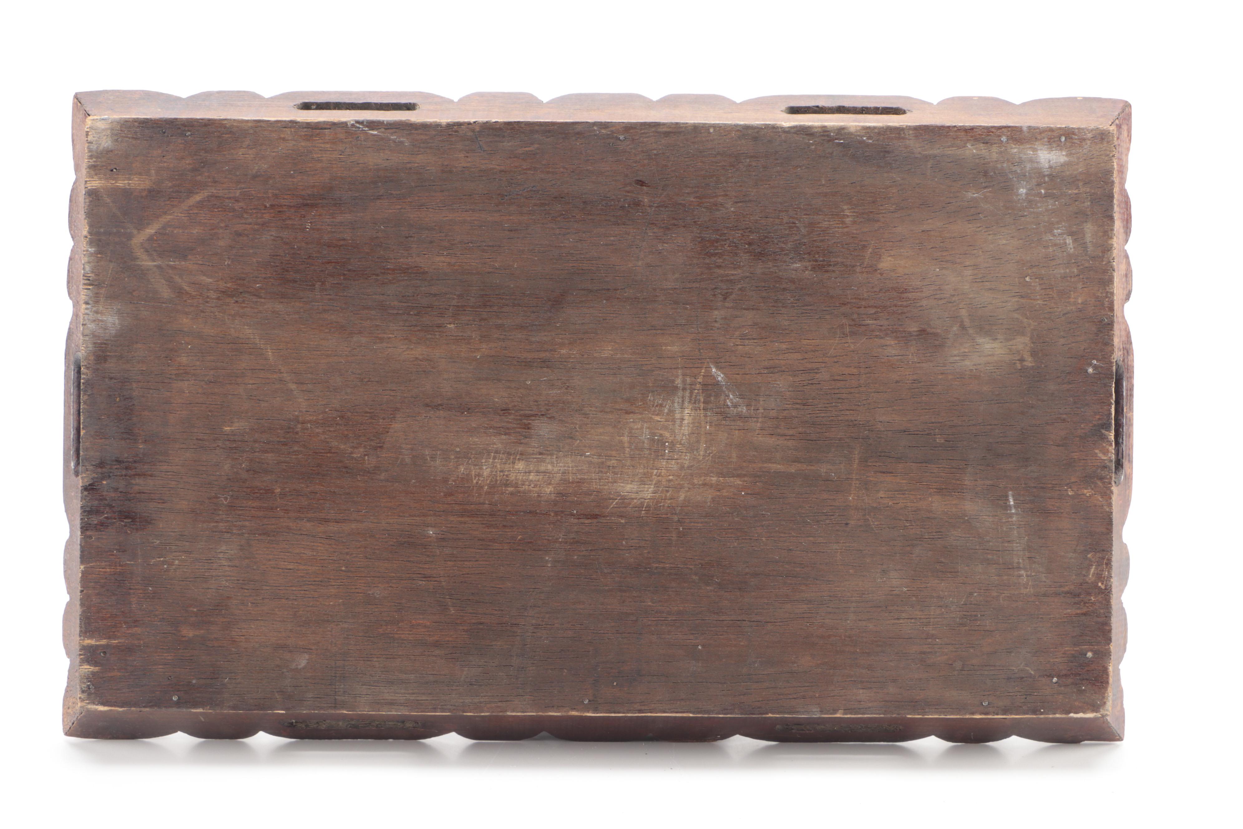 Italian Hand-Painted Ceramic Tile Inset Carved Wood Handled Tray