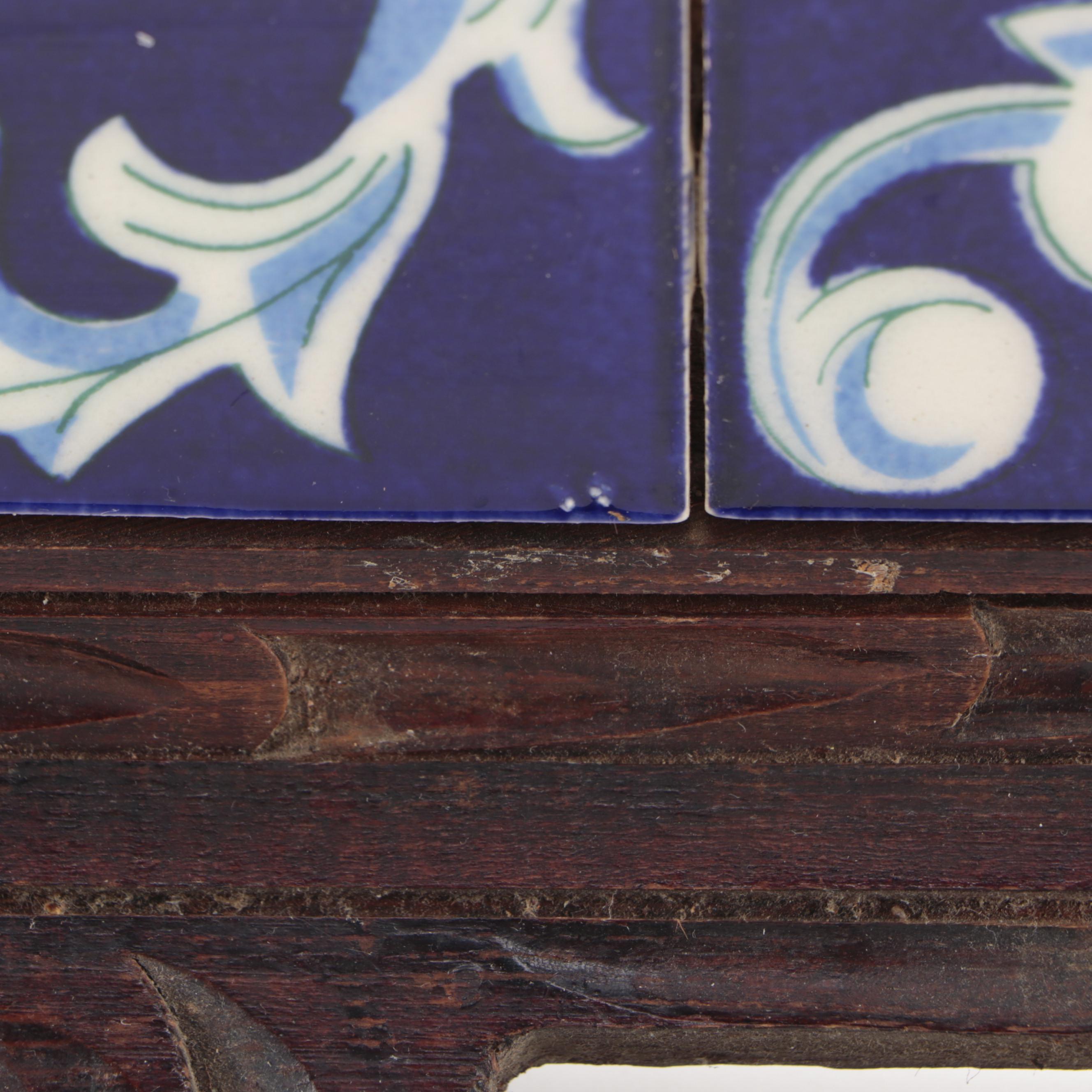 Italian Hand-Painted Ceramic Tile Inset Carved Wood Handled Tray