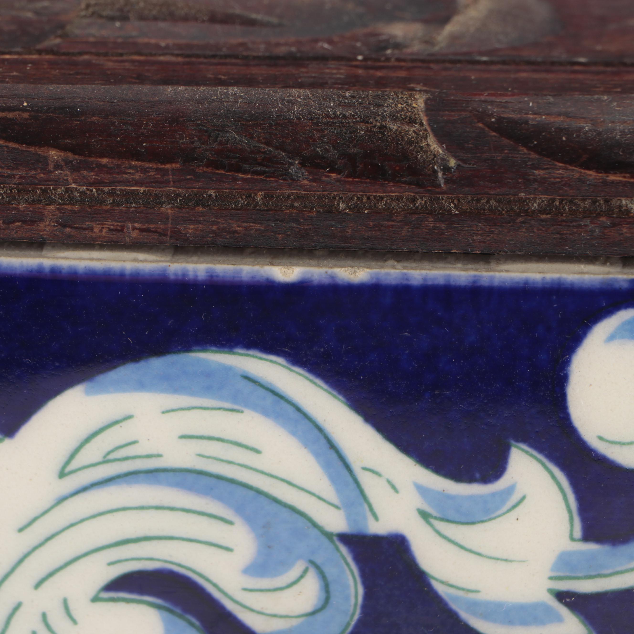 Italian Hand-Painted Ceramic Tile Inset Carved Wood Handled Tray