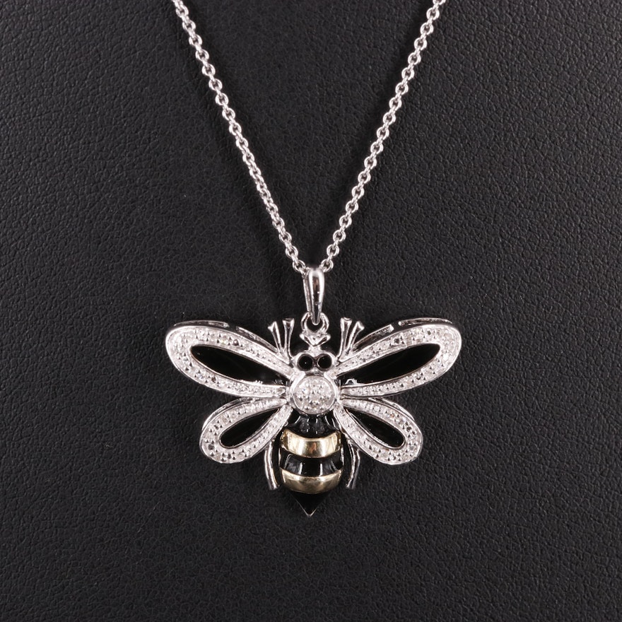 Sterling 0.11 CTW Diamond Bee Pendant Necklace