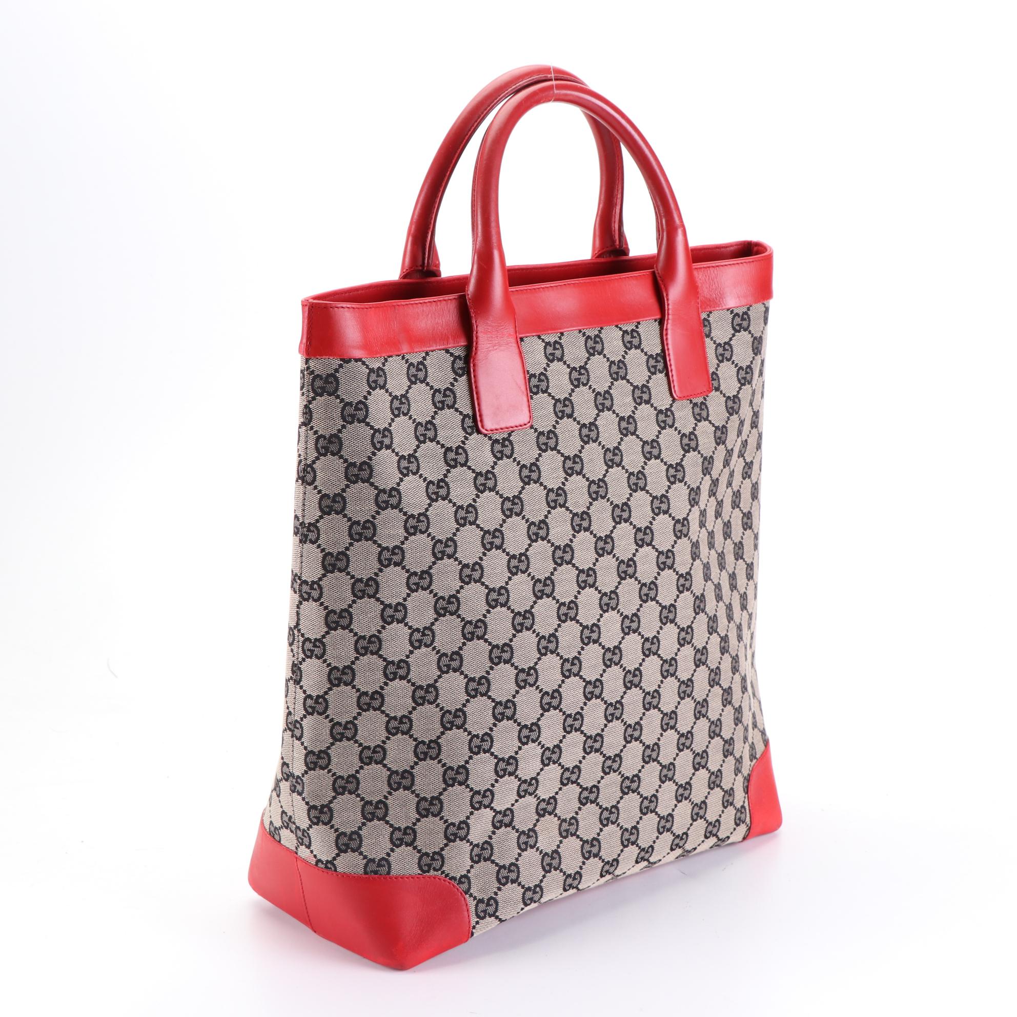 Gucci Vertical Tote Bag in GG Canvas and Red Leather Trim