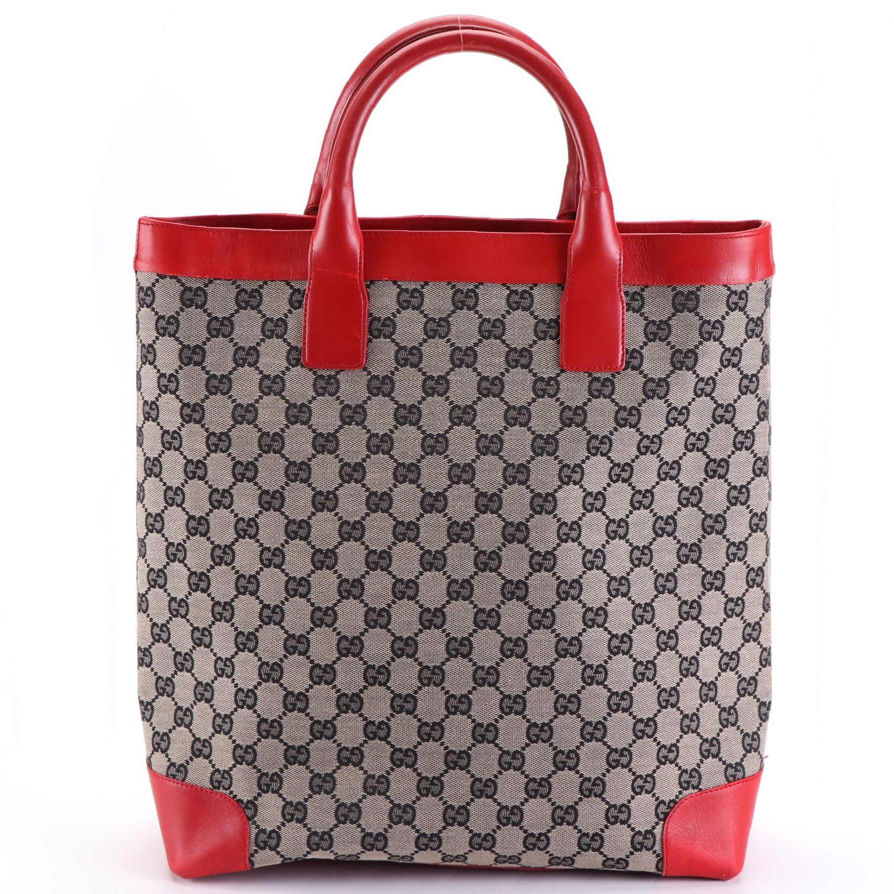 Gucci Vertical Tote Bag in GG Canvas and Red Leather Trim
