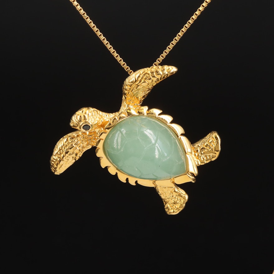 Sterling Jadeite and Sapphire Turtle Pendant Necklace