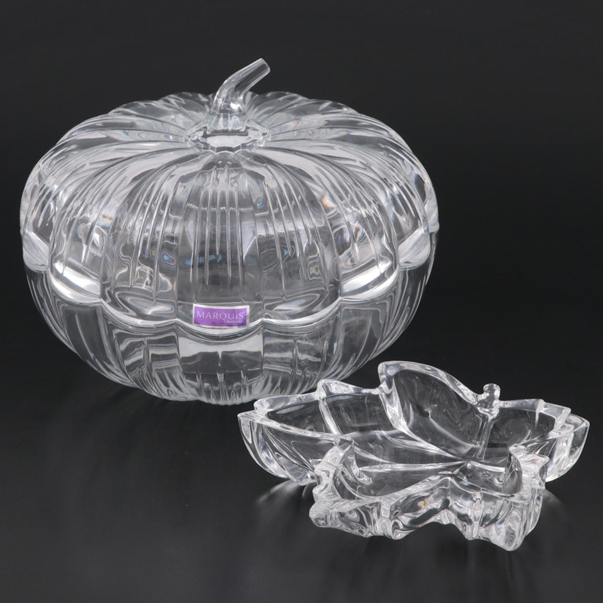 Marquis by Waterford Crystal Pumpkin Candy Jar and Maple Leaf Dish
