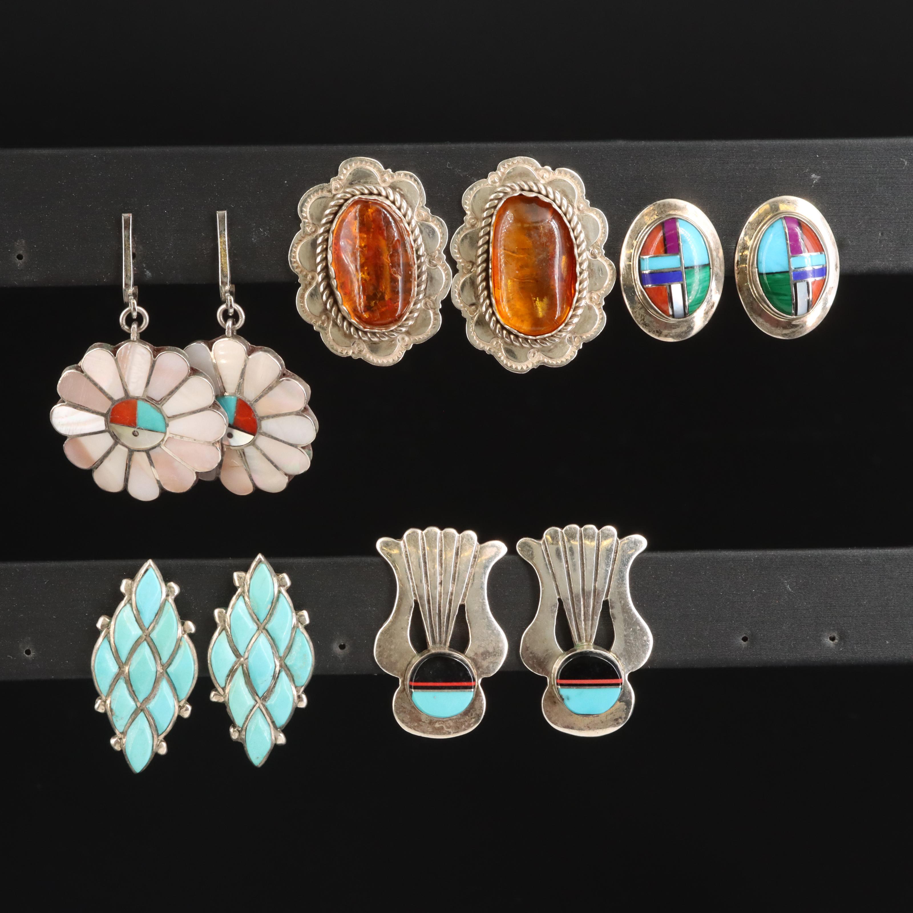 Southwestern Sterling Earrings Including Mother-of-Pearl, Turquoise and Amber