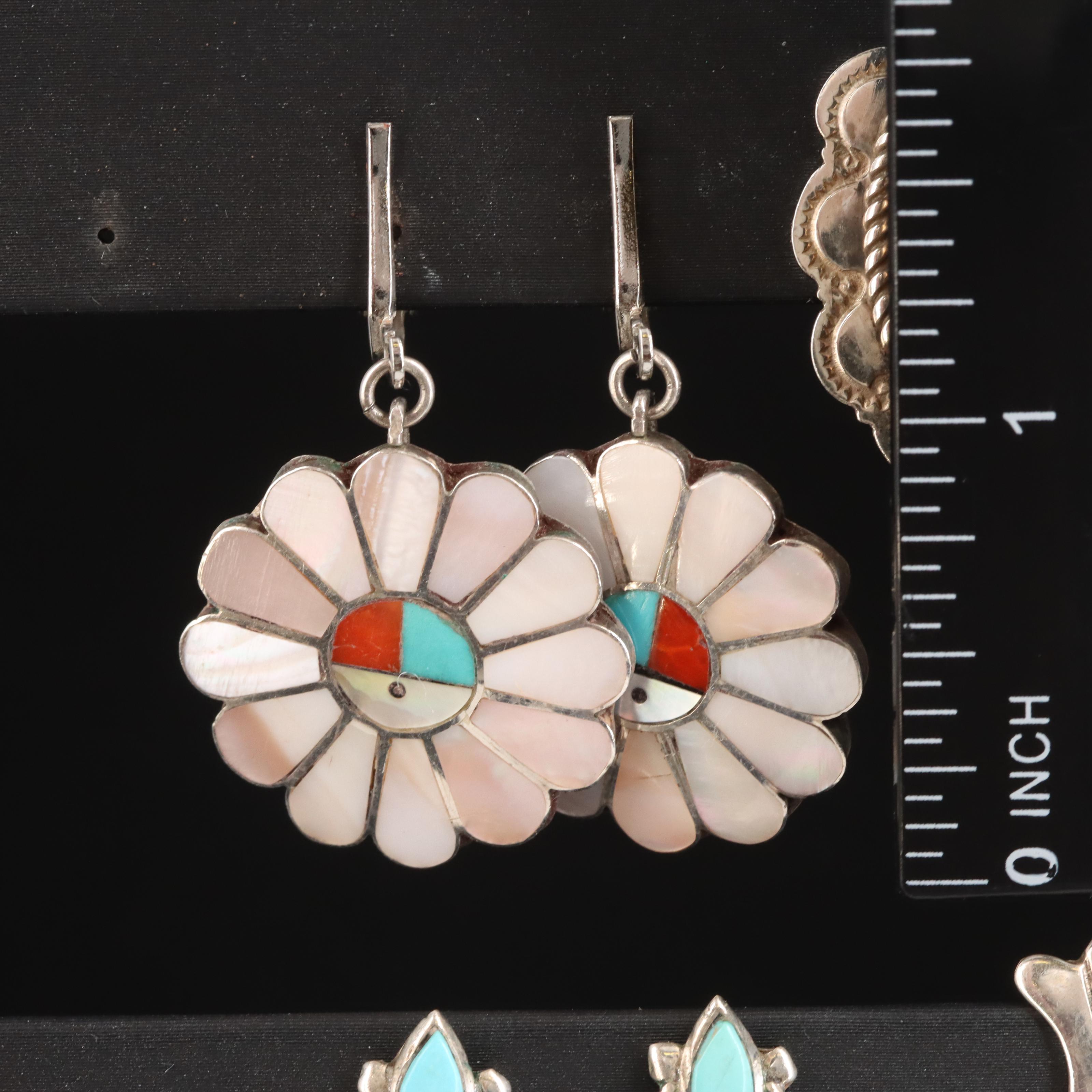 Southwestern Sterling Earrings Including Mother-of-Pearl, Turquoise and Amber