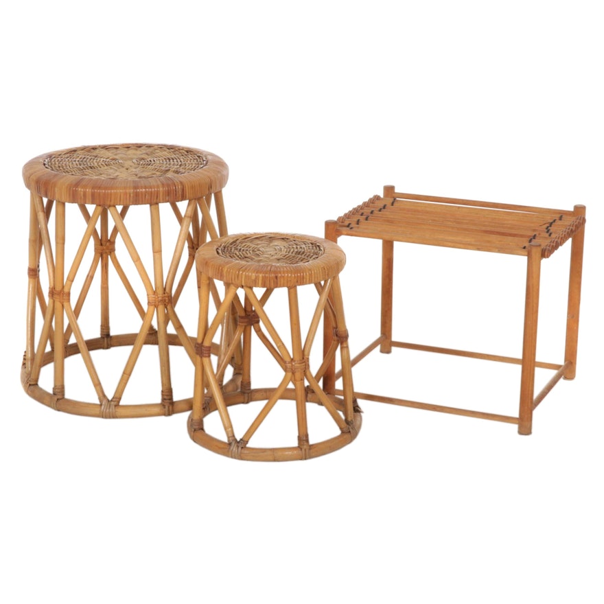 Two Bent Rattan Wicker Plant Stands with Wood Magazine Rack, Late 20th Century