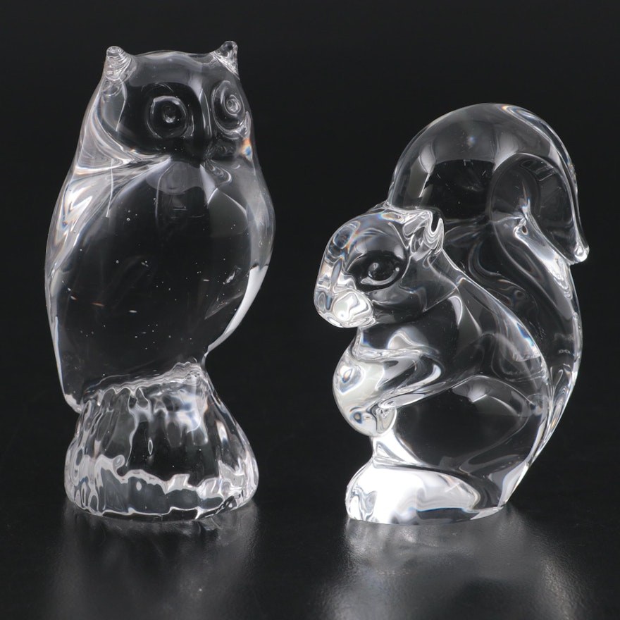 Steuben Art Glass Squirrel Hand Cooler With Other Glass Owl Figurine, 20th C