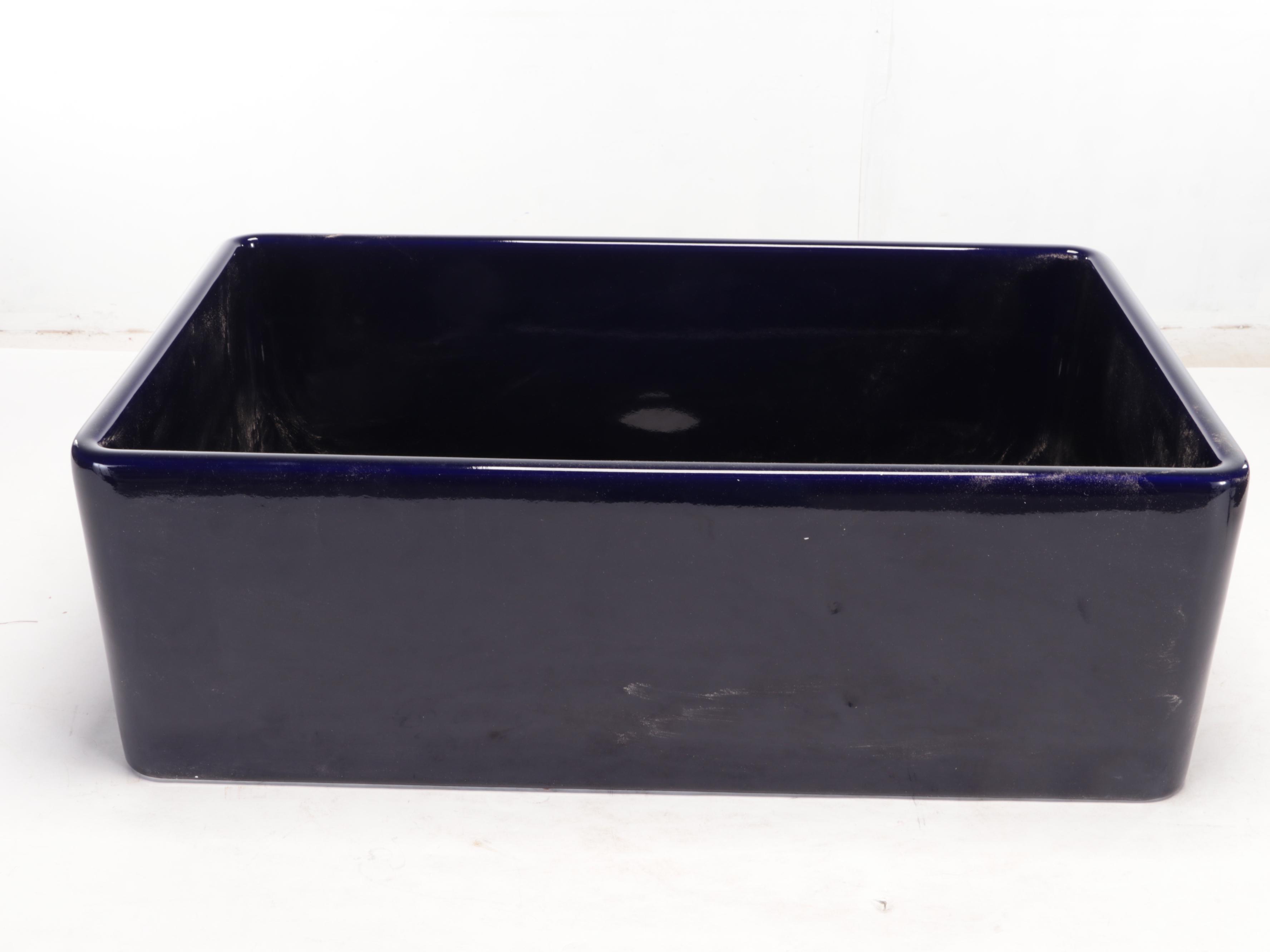 Dark Blue Fireclay Farmhouse Sink, Polished Brass Pull-Down Kitchen Faucet