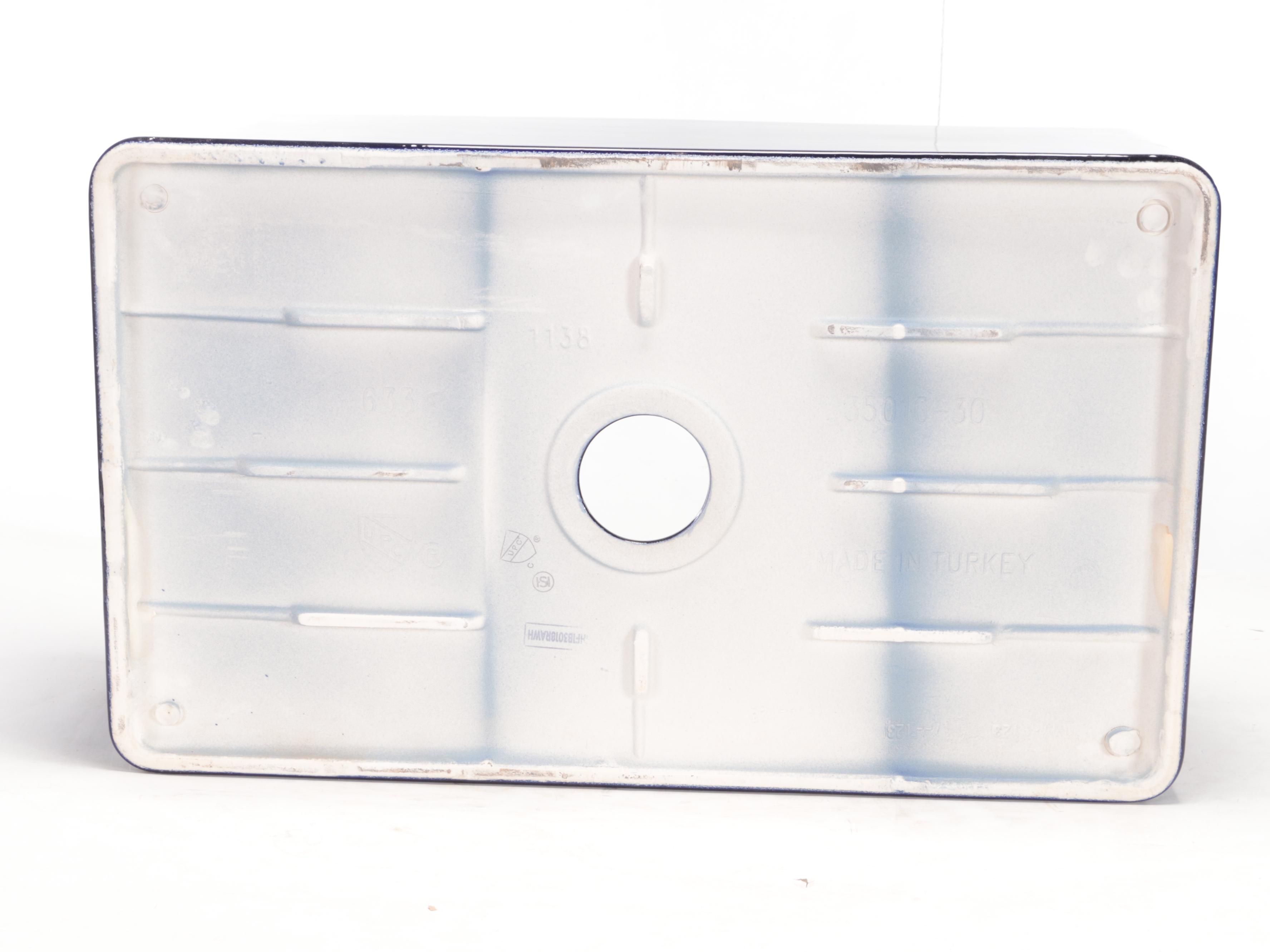 Dark Blue Fireclay Farmhouse Sink, Polished Brass Pull-Down Kitchen Faucet